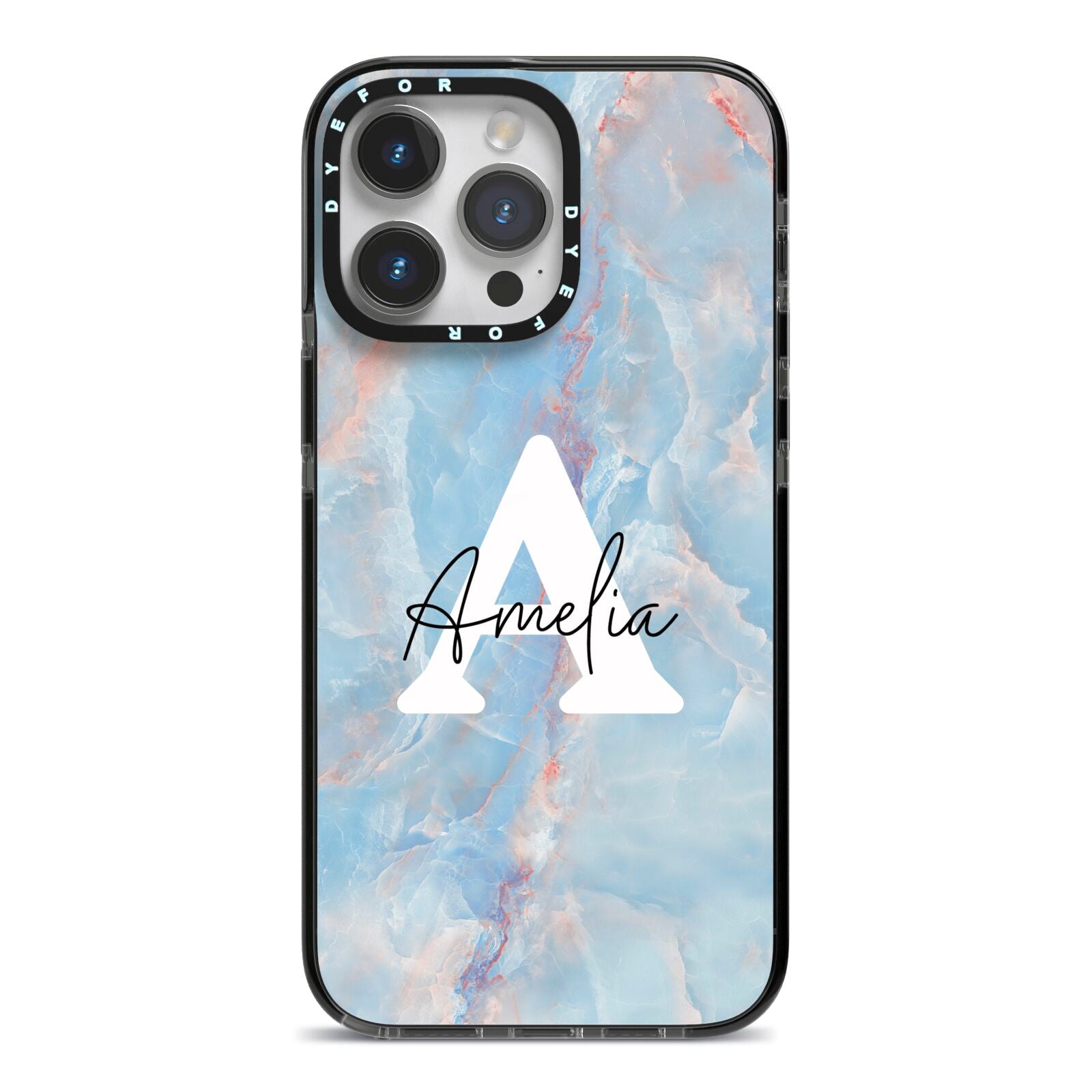 Blue Onyx Marble iPhone 14 Pro Max Black Impact Case on Silver phone