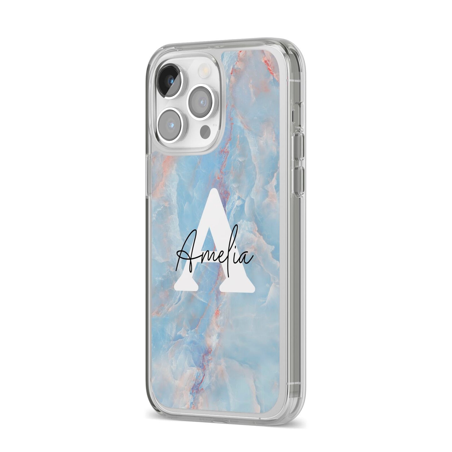 Blue Onyx Marble iPhone 14 Pro Max Clear Tough Case Silver Angled Image