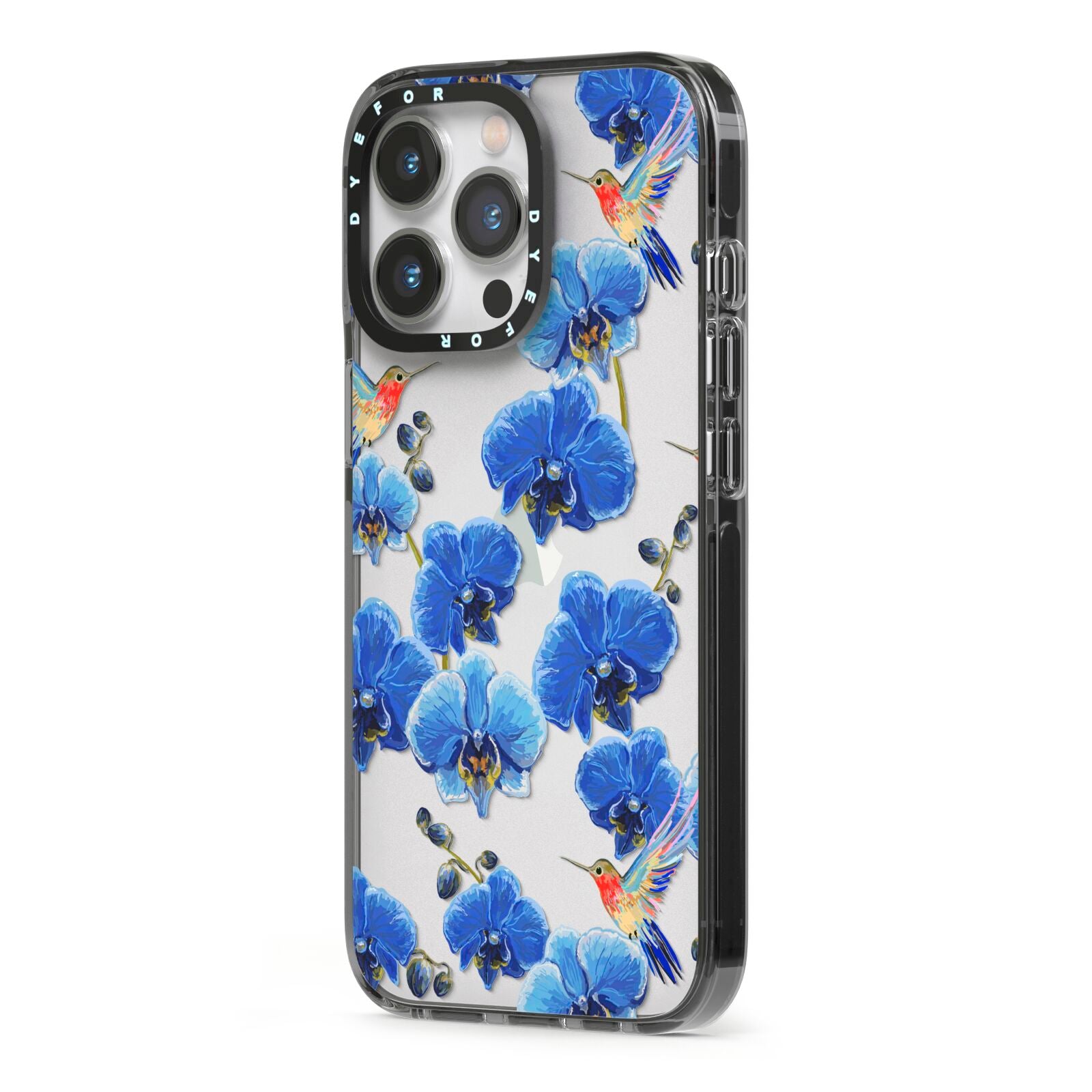 Blue Orchid iPhone 13 Pro Black Impact Case Side Angle on Silver phone