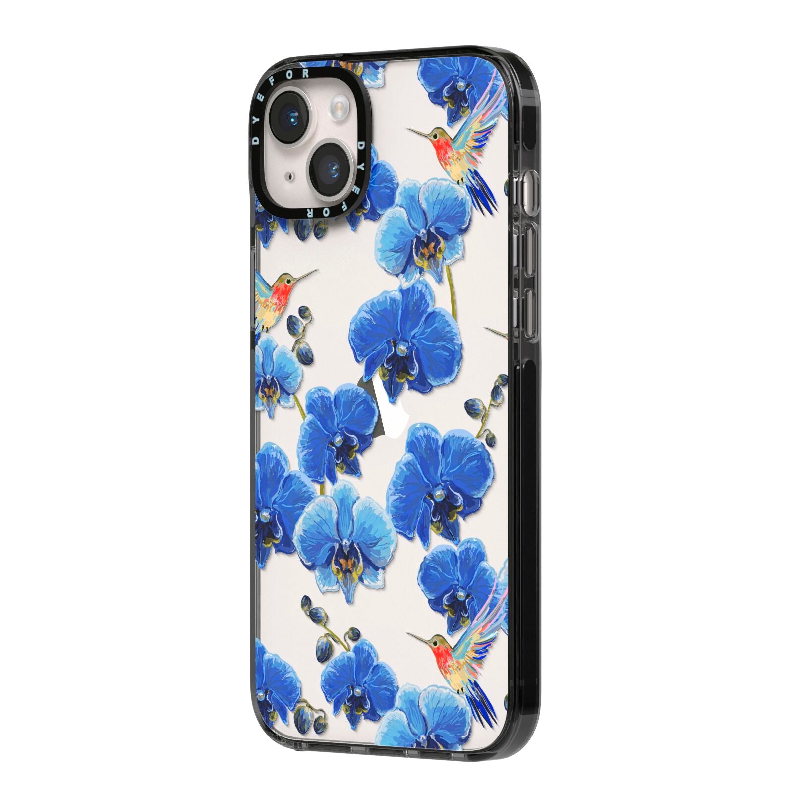 Blue Orchid iPhone 14 Plus Black Impact Case Side Angle on Silver phone