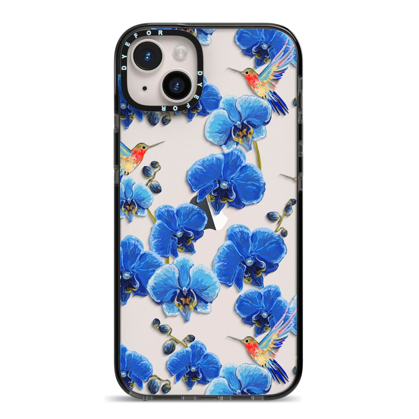 Blue Orchid iPhone 14 Plus Black Impact Case on Silver phone