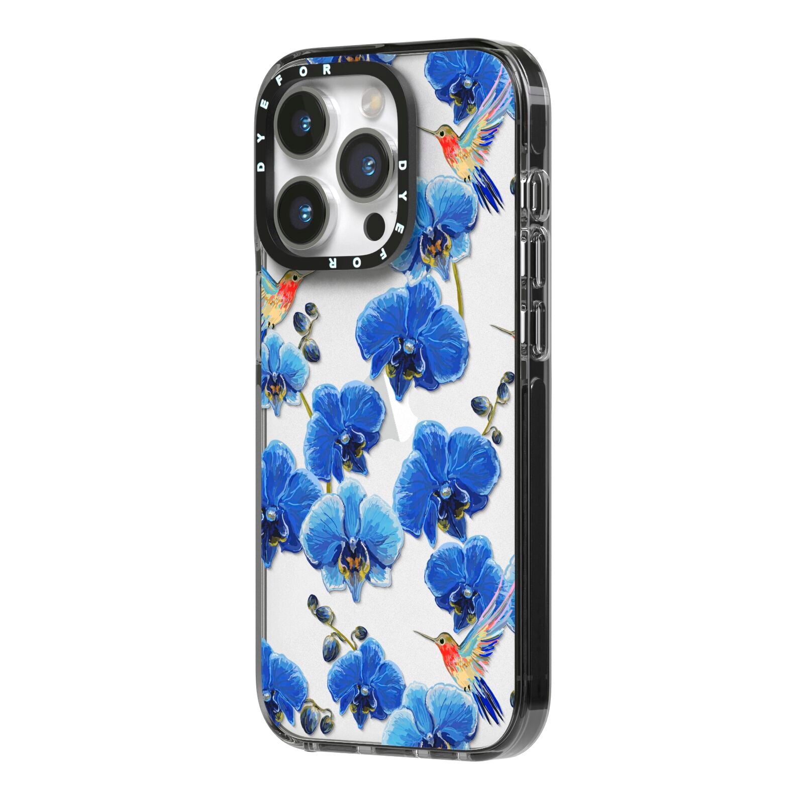Blue Orchid iPhone 14 Pro Black Impact Case Side Angle on Silver phone