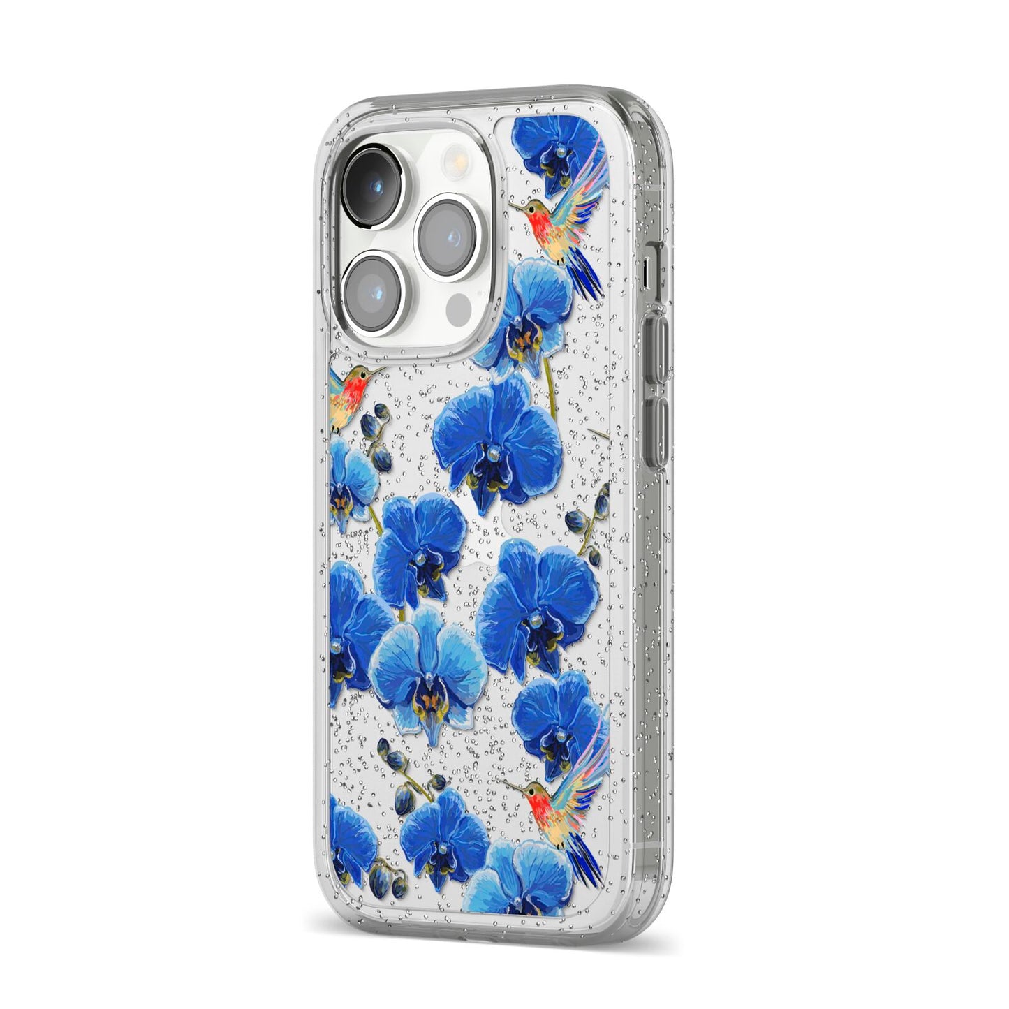 Blue Orchid iPhone 14 Pro Glitter Tough Case Silver Angled Image