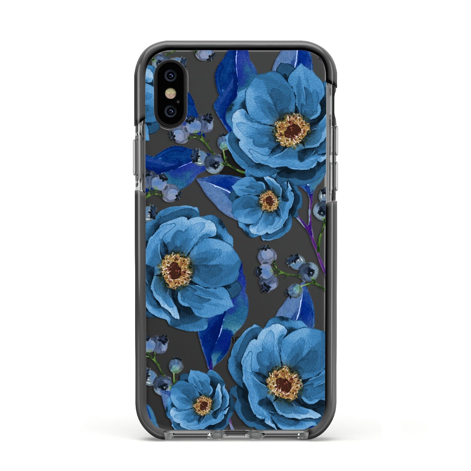 Blue Peonies Apple iPhone Xs Impact Case Black Edge on Black Phone