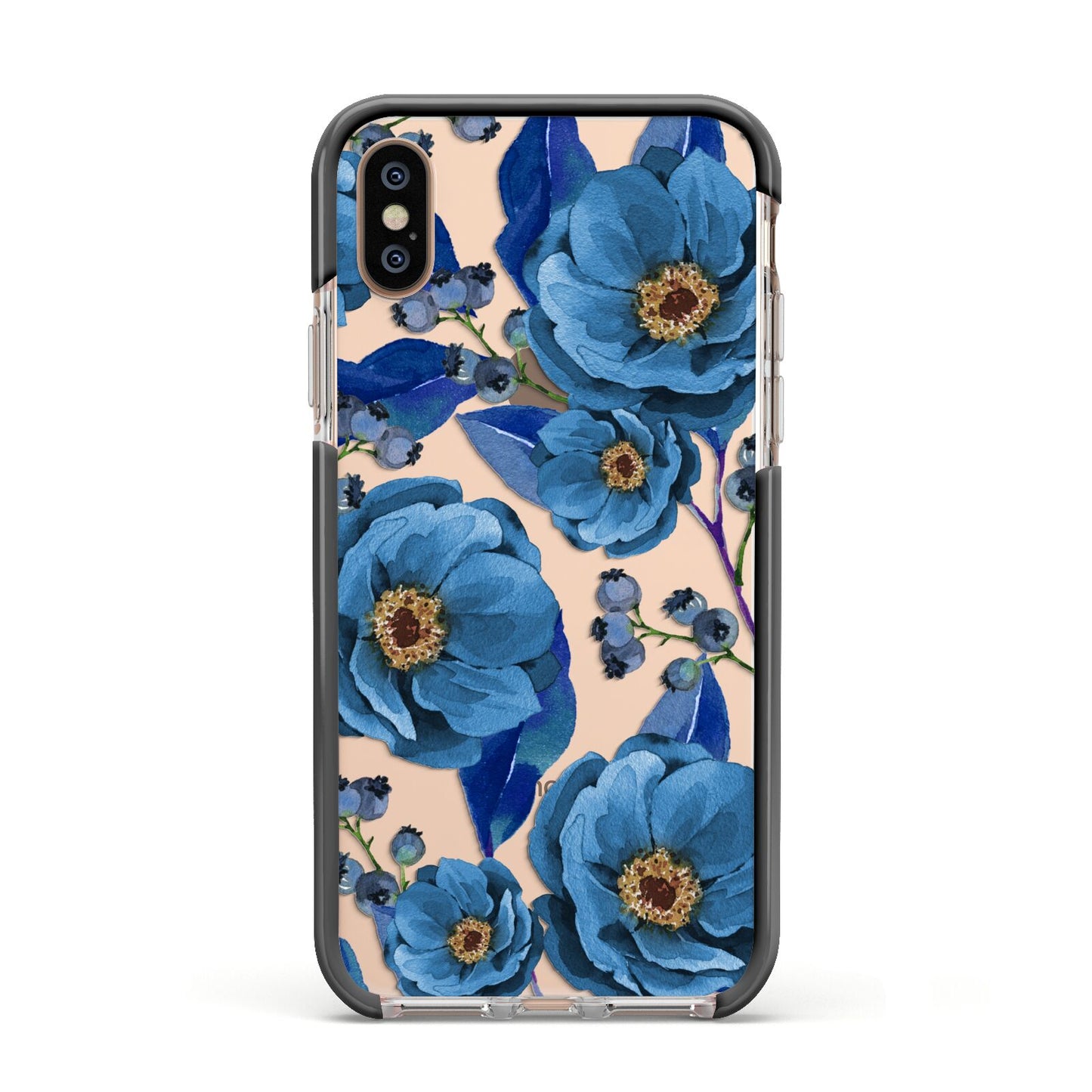 Blue Peonies Apple iPhone Xs Impact Case Black Edge on Gold Phone