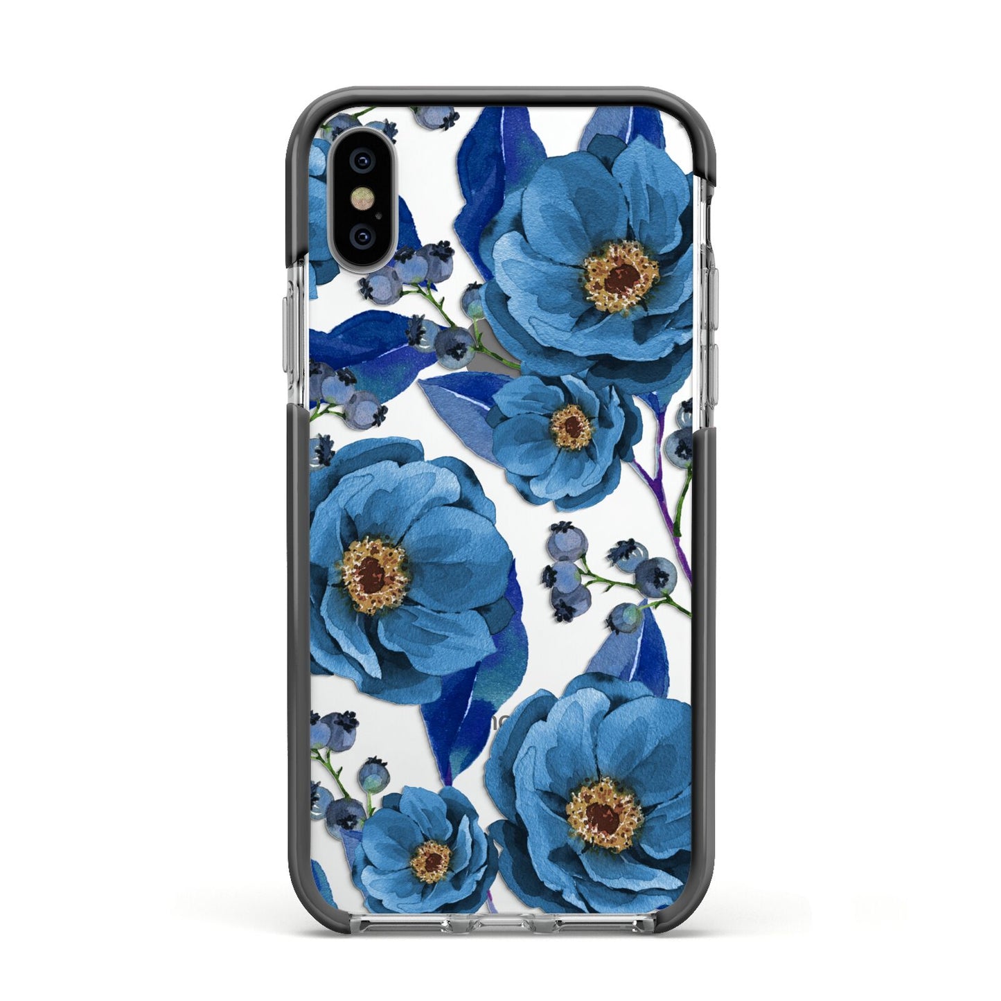 Blue Peonies Apple iPhone Xs Impact Case Black Edge on Silver Phone