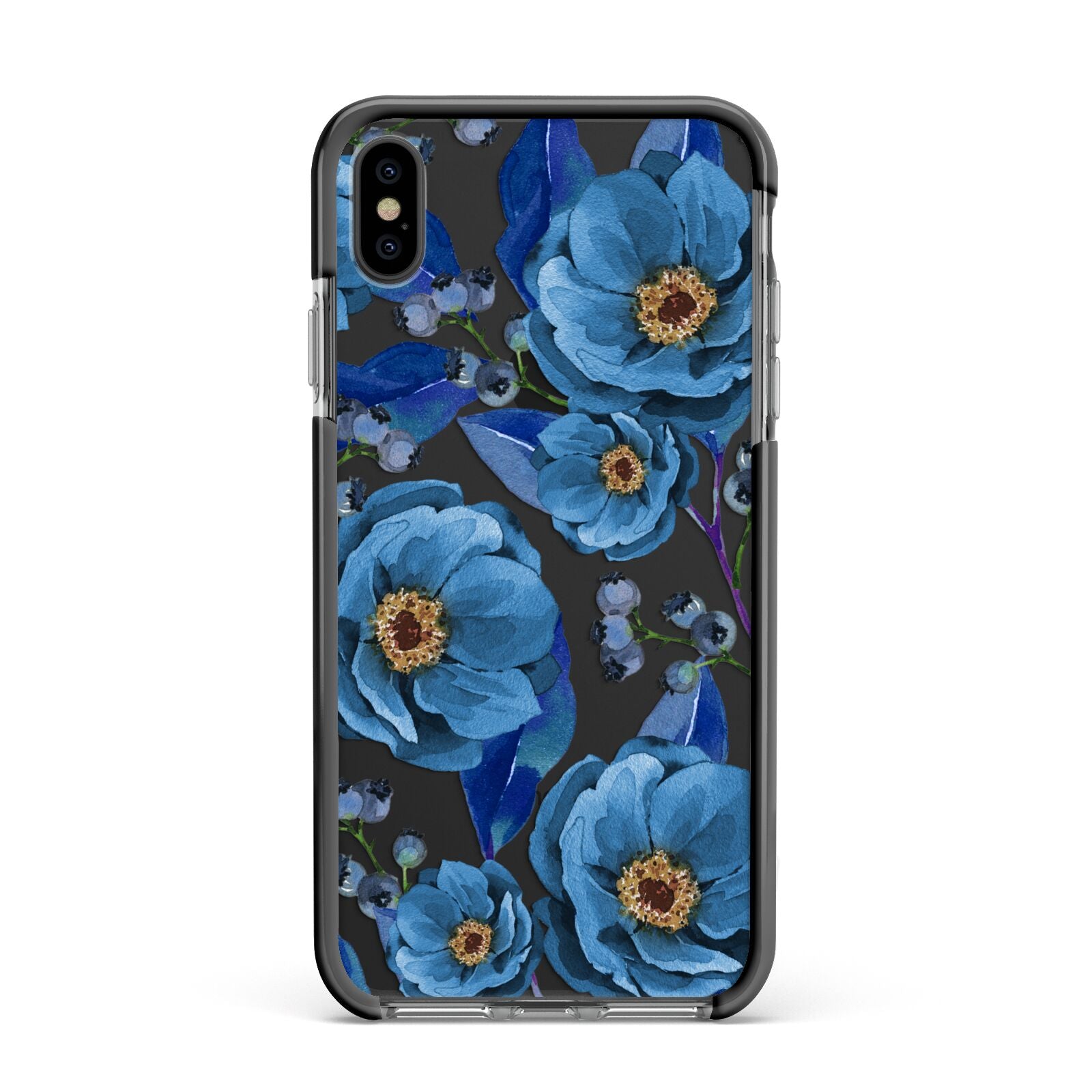 Blue Peonies Apple iPhone Xs Max Impact Case Black Edge on Black Phone