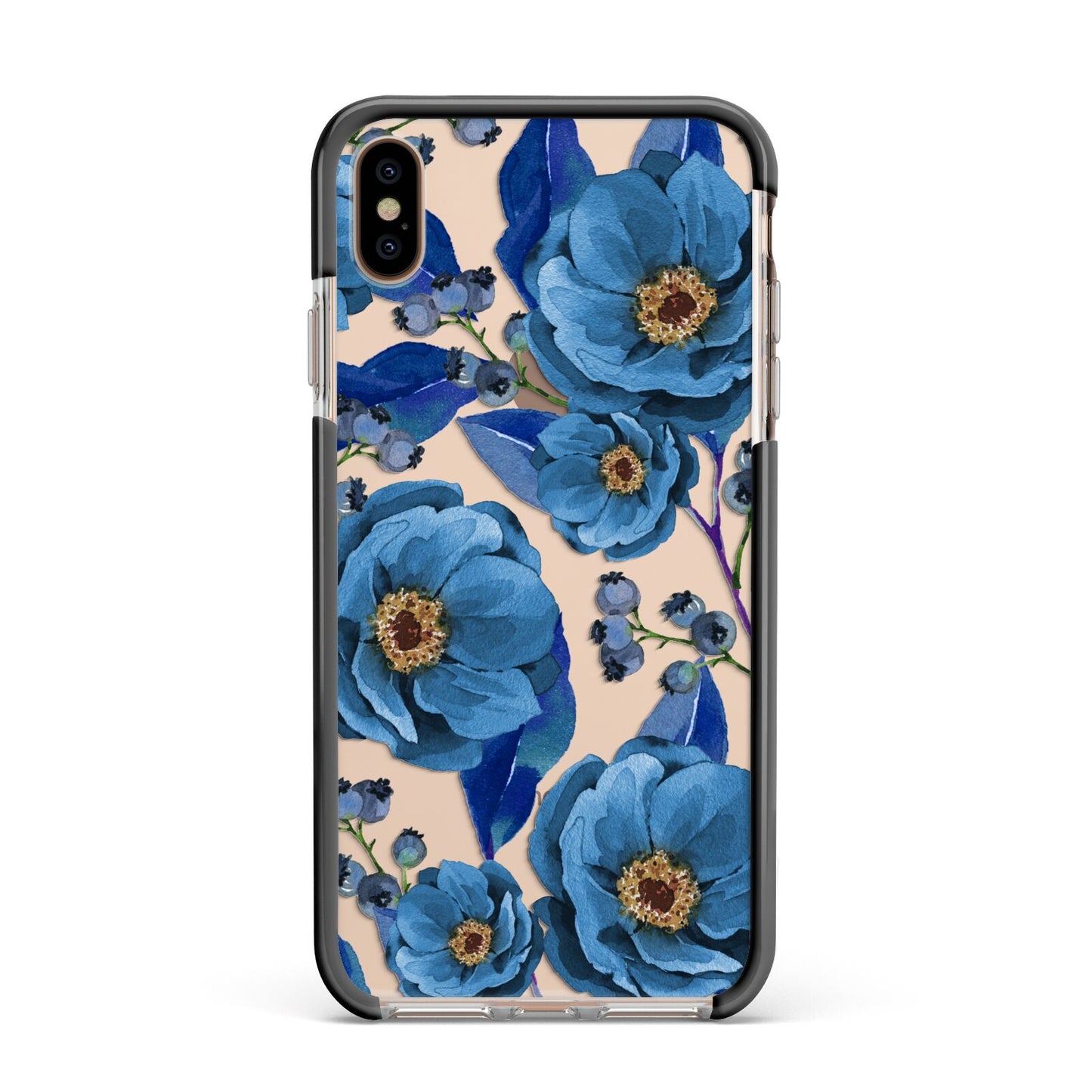 Blue Peonies Apple iPhone Xs Max Impact Case Black Edge on Gold Phone