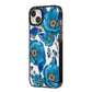 Blue Peonies iPhone 14 Plus Black Impact Case Side Angle on Silver phone