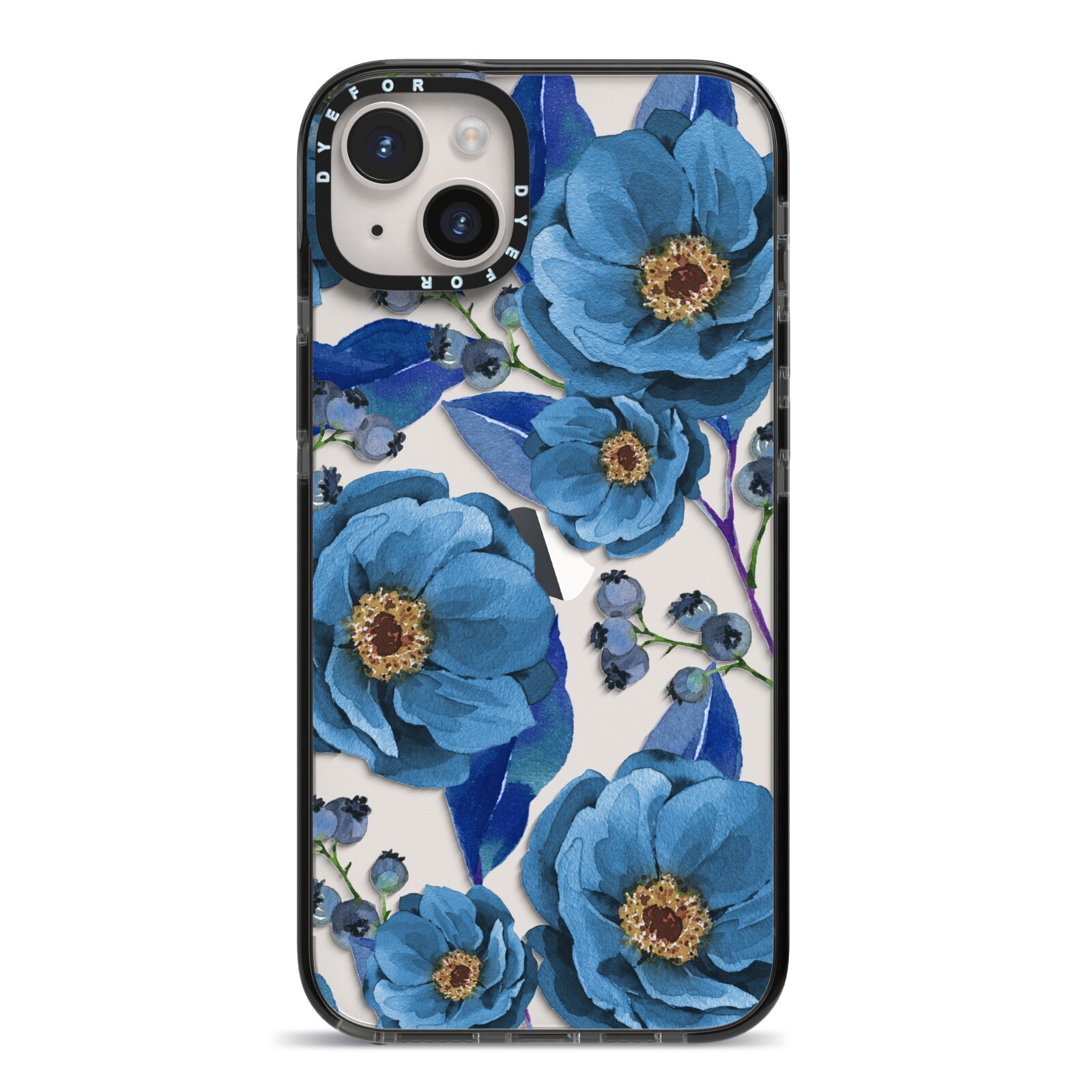 Blue Peonies iPhone 14 Plus Black Impact Case on Silver phone