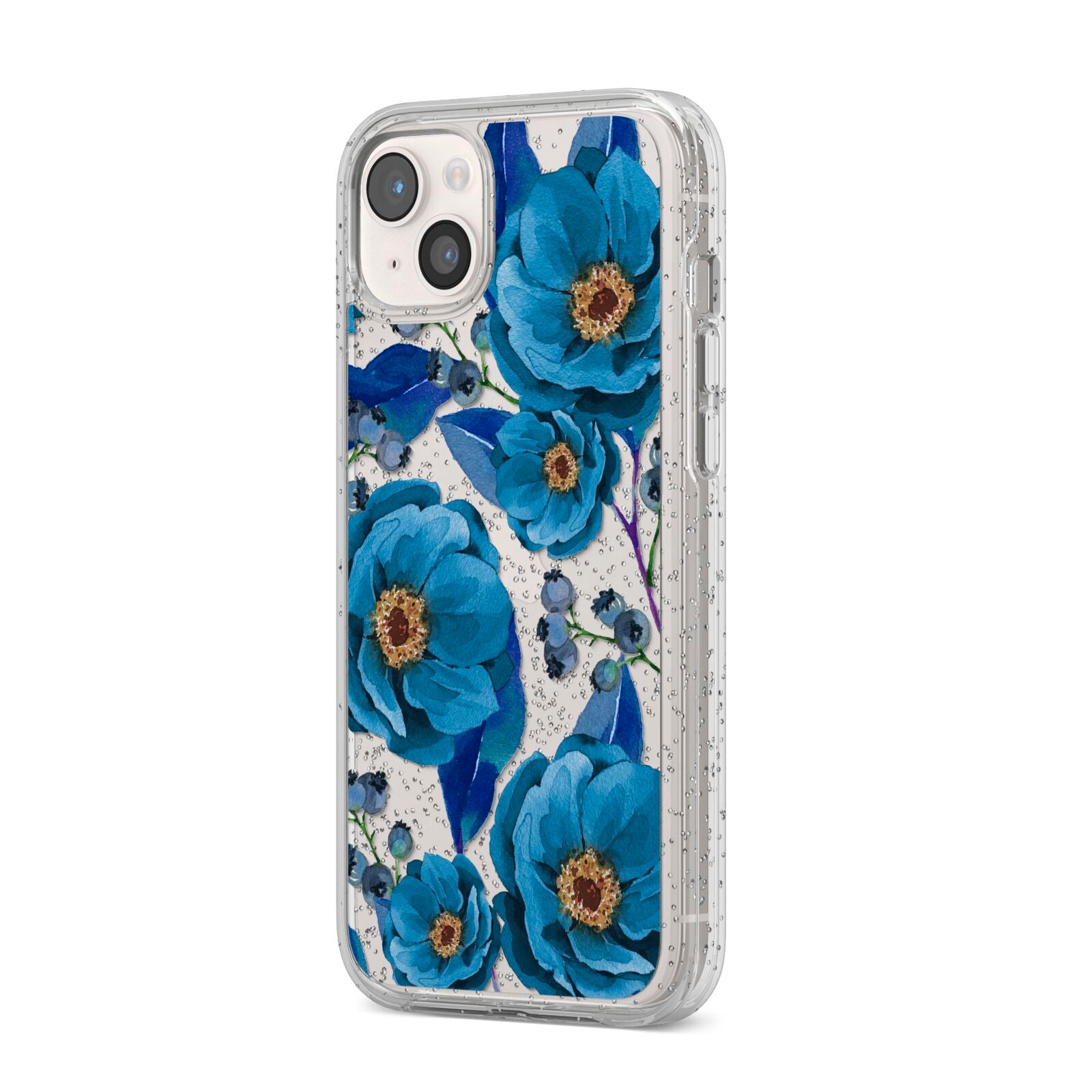 Blue Peonies iPhone 14 Plus Glitter Tough Case Starlight Angled Image