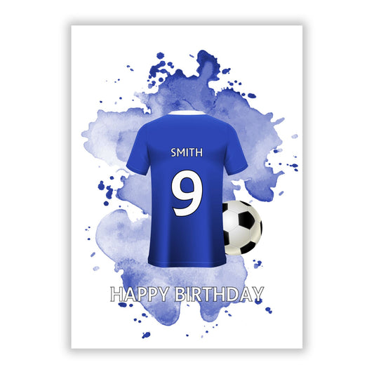 Blue Personalised Football Shirt A5 Flat Greetings Card
