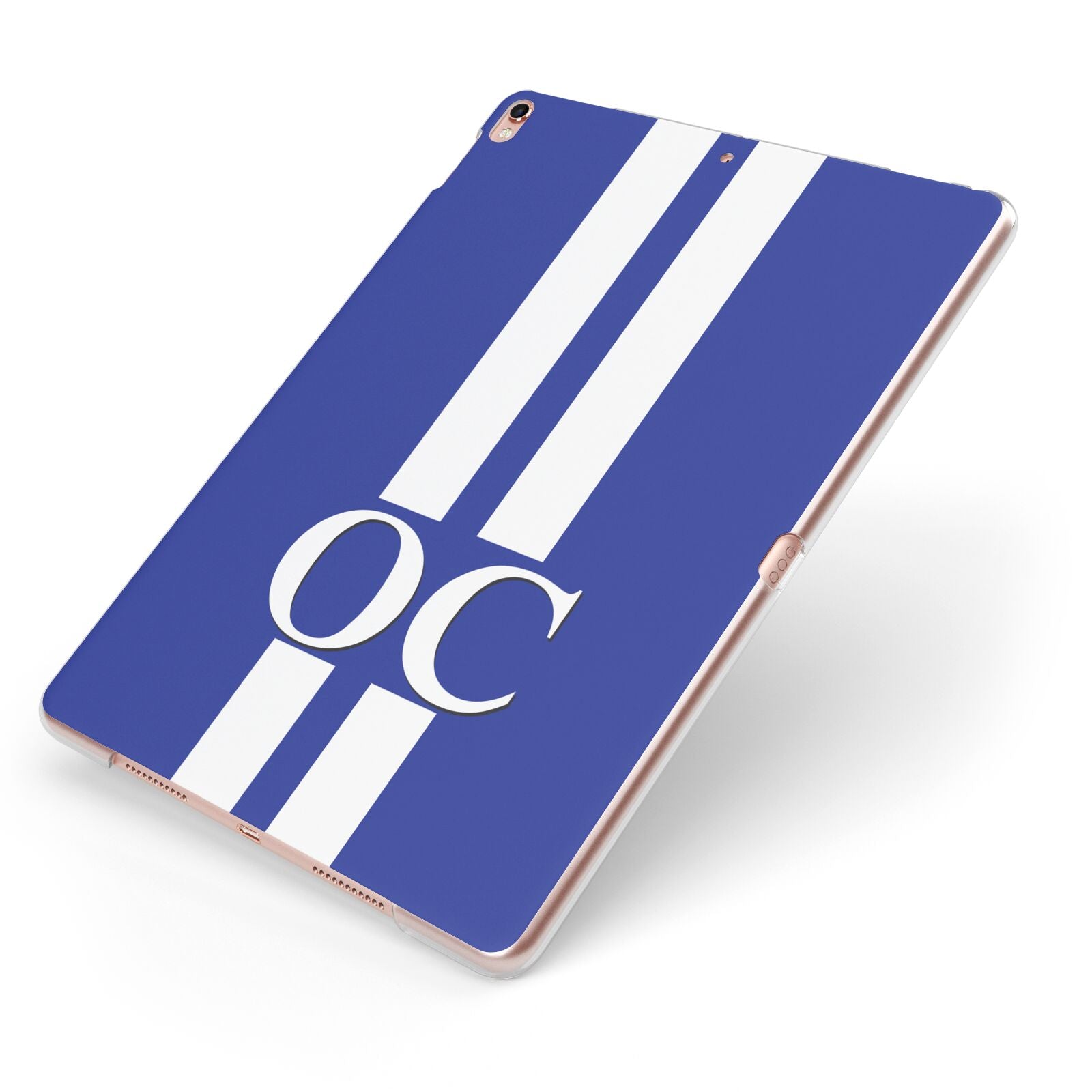 Blue Personalised Initials Apple iPad Case on Rose Gold iPad Side View