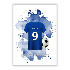 Blauer personalisierter Name Fußball -Shirt -Grüße Karte