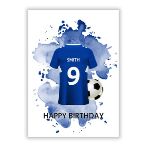 Blue Personalised Name Number Football Shirt Greetings Card