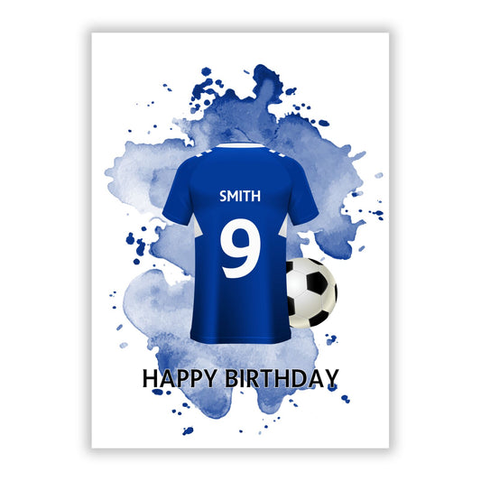 Blue Personalised Name Number Football Shirt A5 Flat Greetings Card