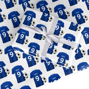 Blue Personalised Name Number Football Shirt Wrapping Paper