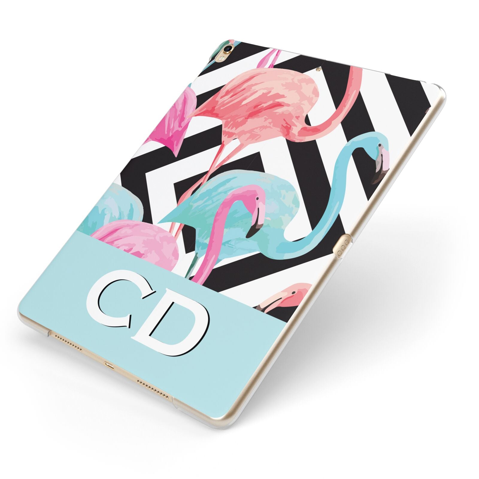Blue Pink Flamingos Apple iPad Case on Gold iPad Side View