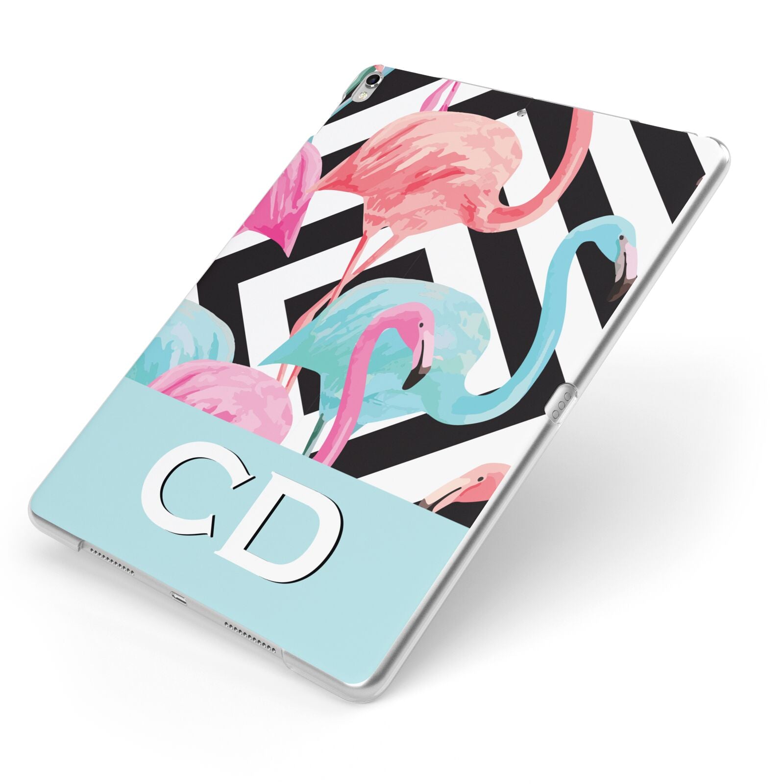 Blue Pink Flamingos Apple iPad Case on Silver iPad Side View