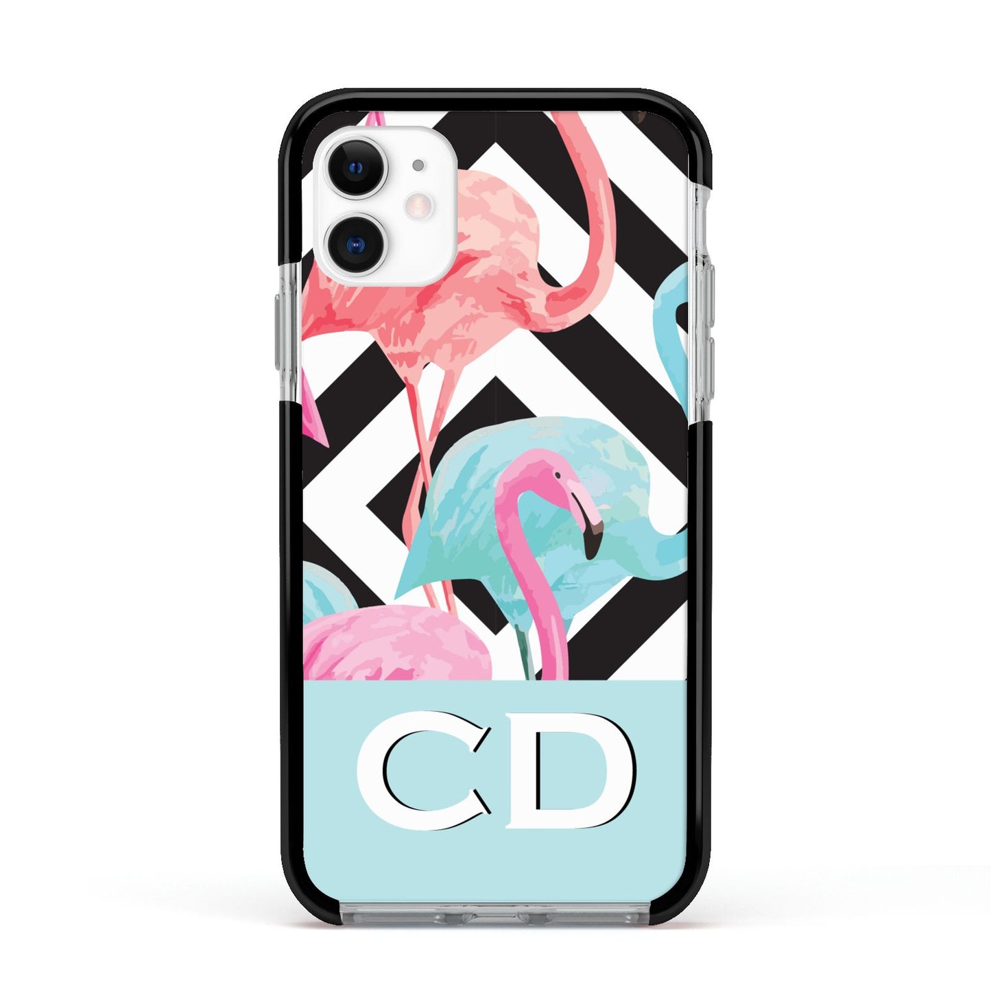 Blue Pink Flamingos Apple iPhone 11 in White with Black Impact Case