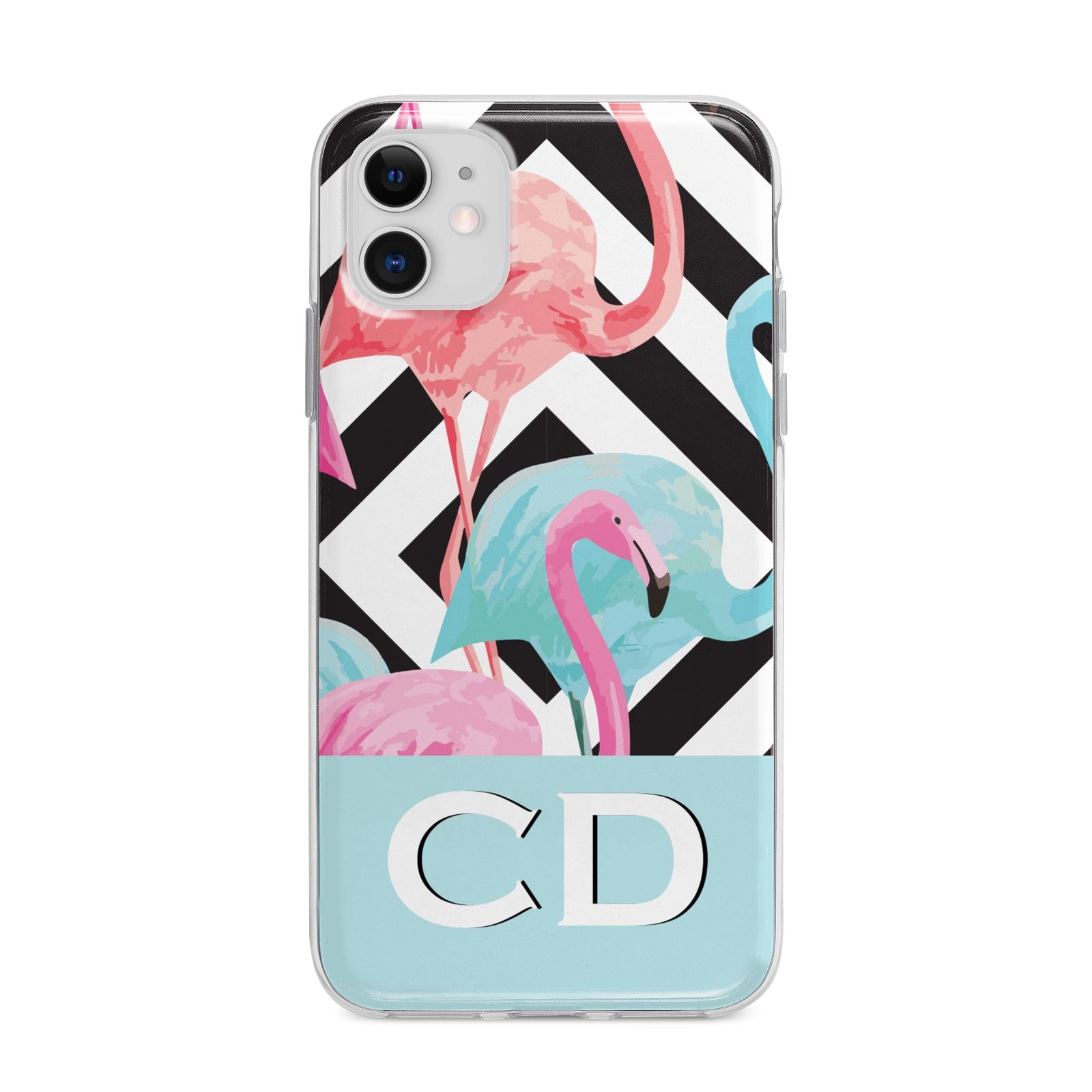 Blue Pink Flamingos Apple iPhone 11 in White with Bumper Case