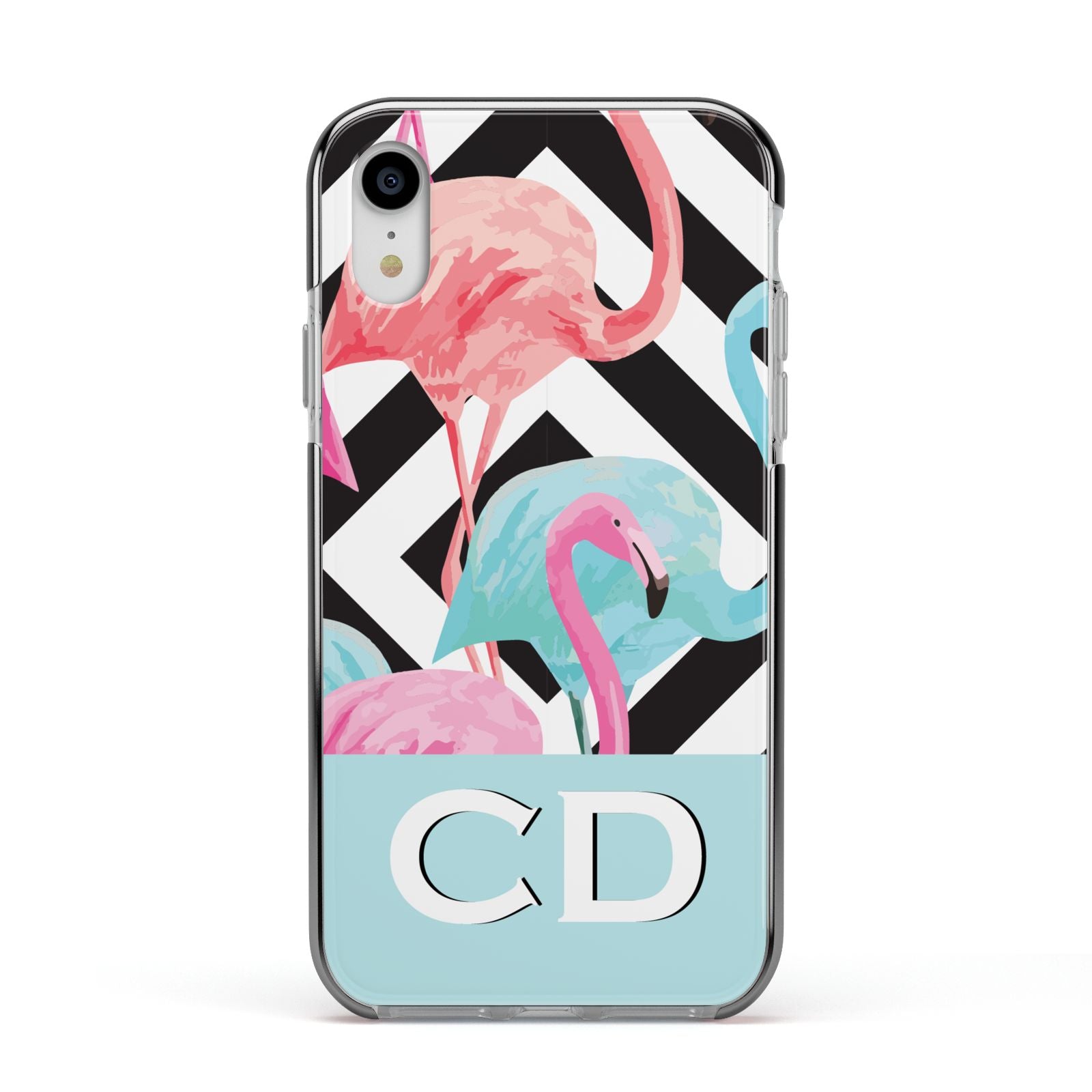 Blue Pink Flamingos Apple iPhone XR Impact Case Black Edge on Silver Phone