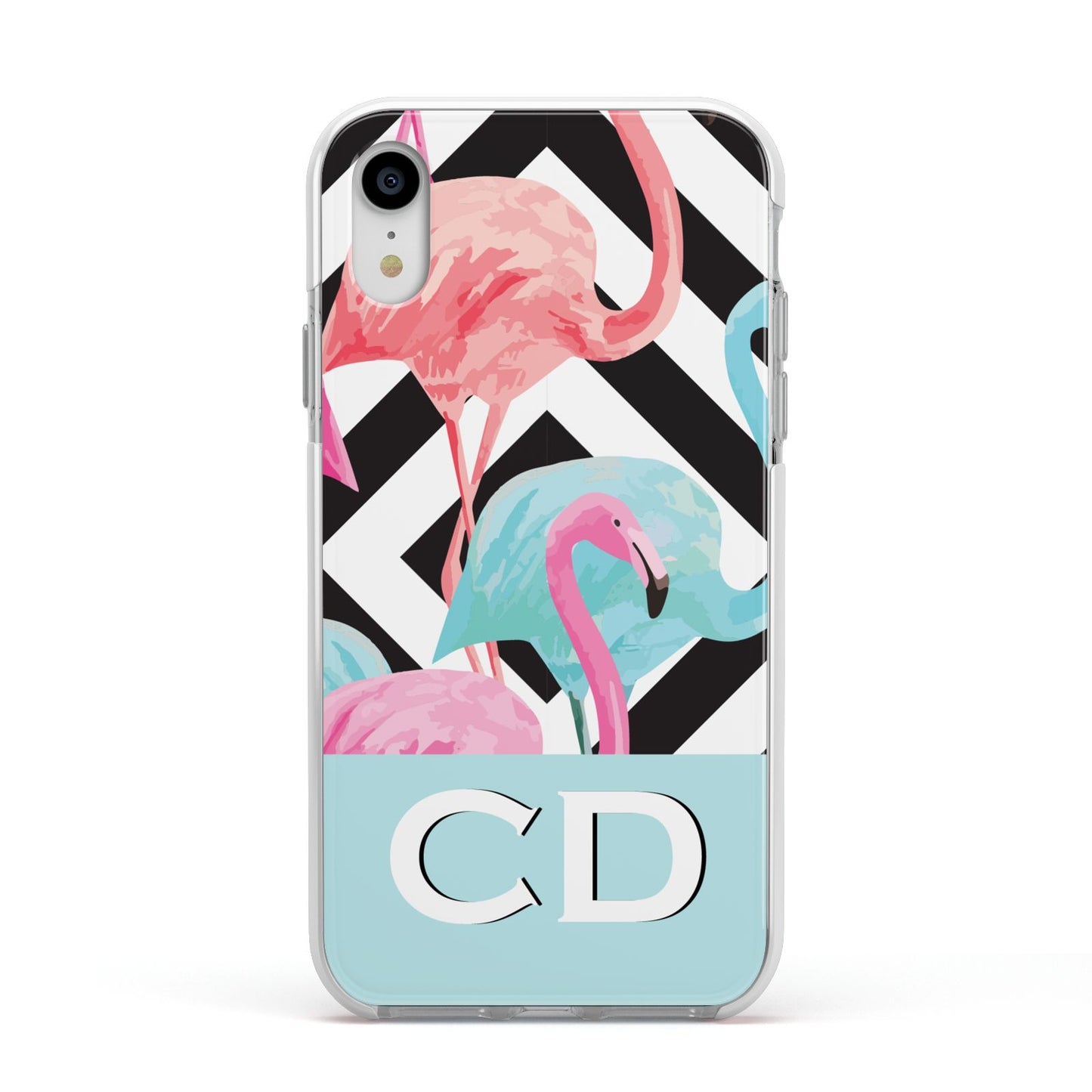 Blue Pink Flamingos Apple iPhone XR Impact Case White Edge on Silver Phone