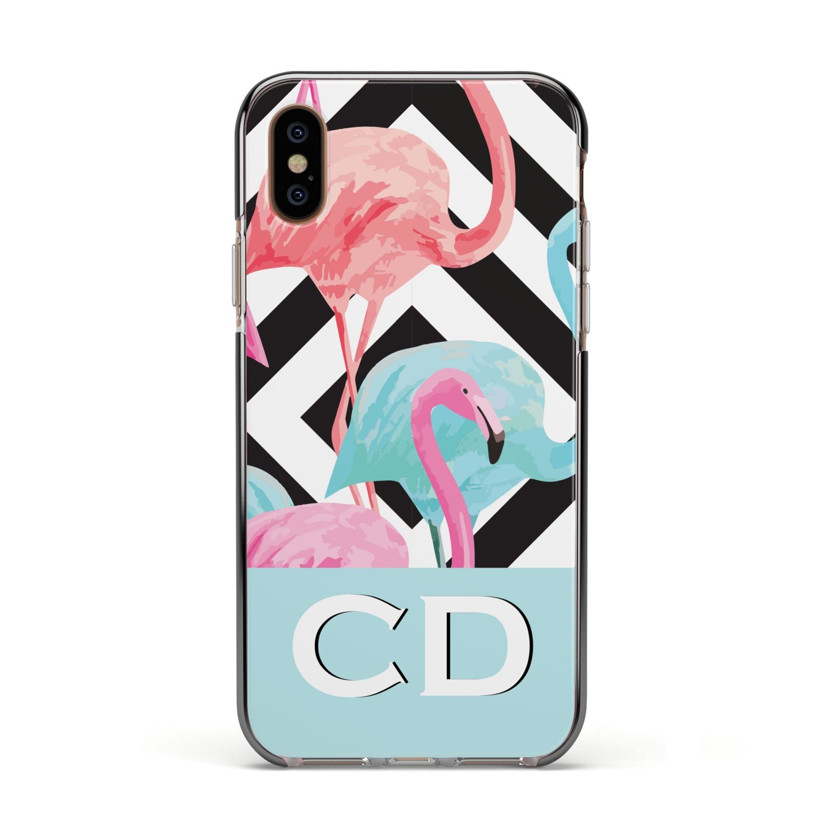 Blue Pink Flamingos Apple iPhone Xs Impact Case Black Edge on Gold Phone