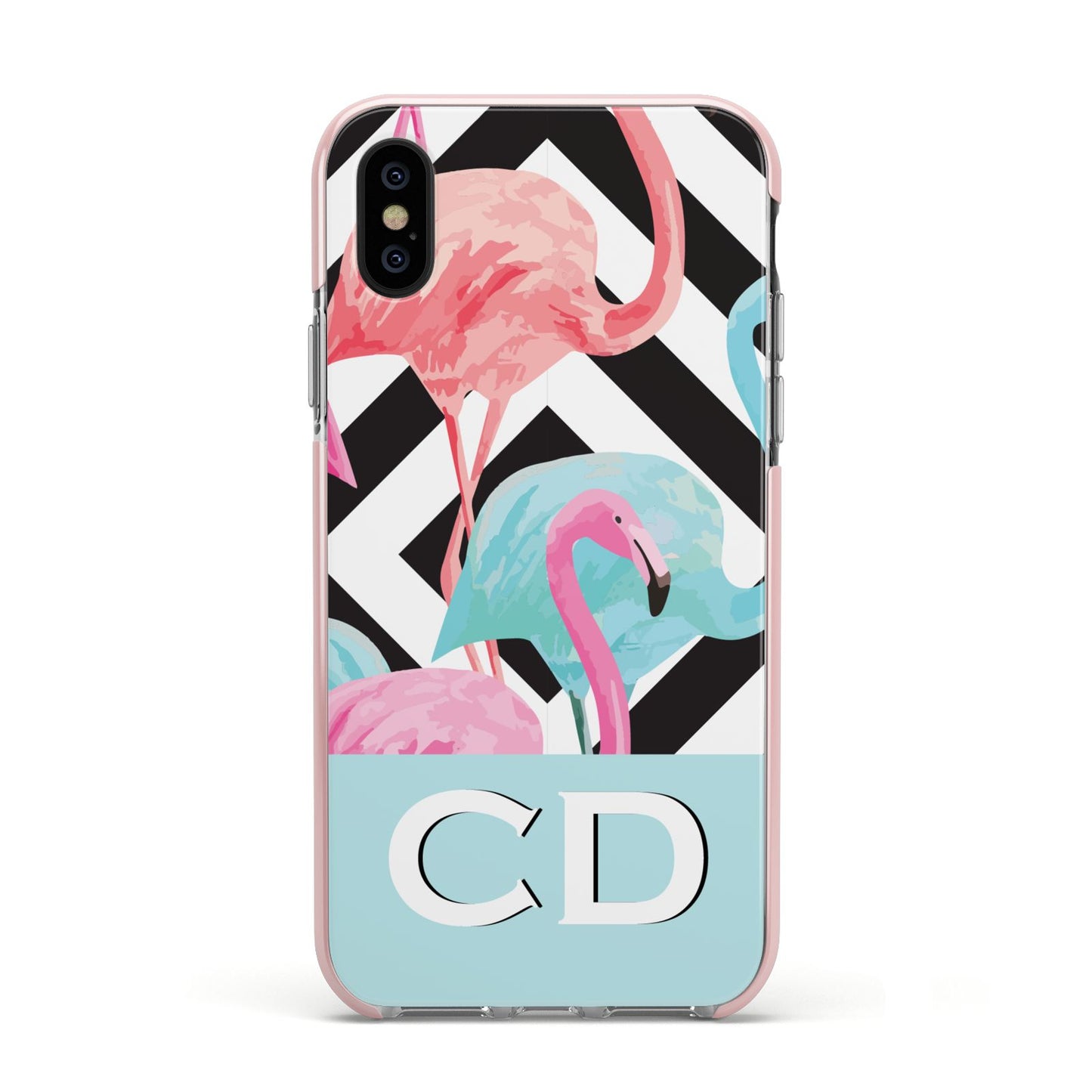 Blue Pink Flamingos Apple iPhone Xs Impact Case Pink Edge on Black Phone
