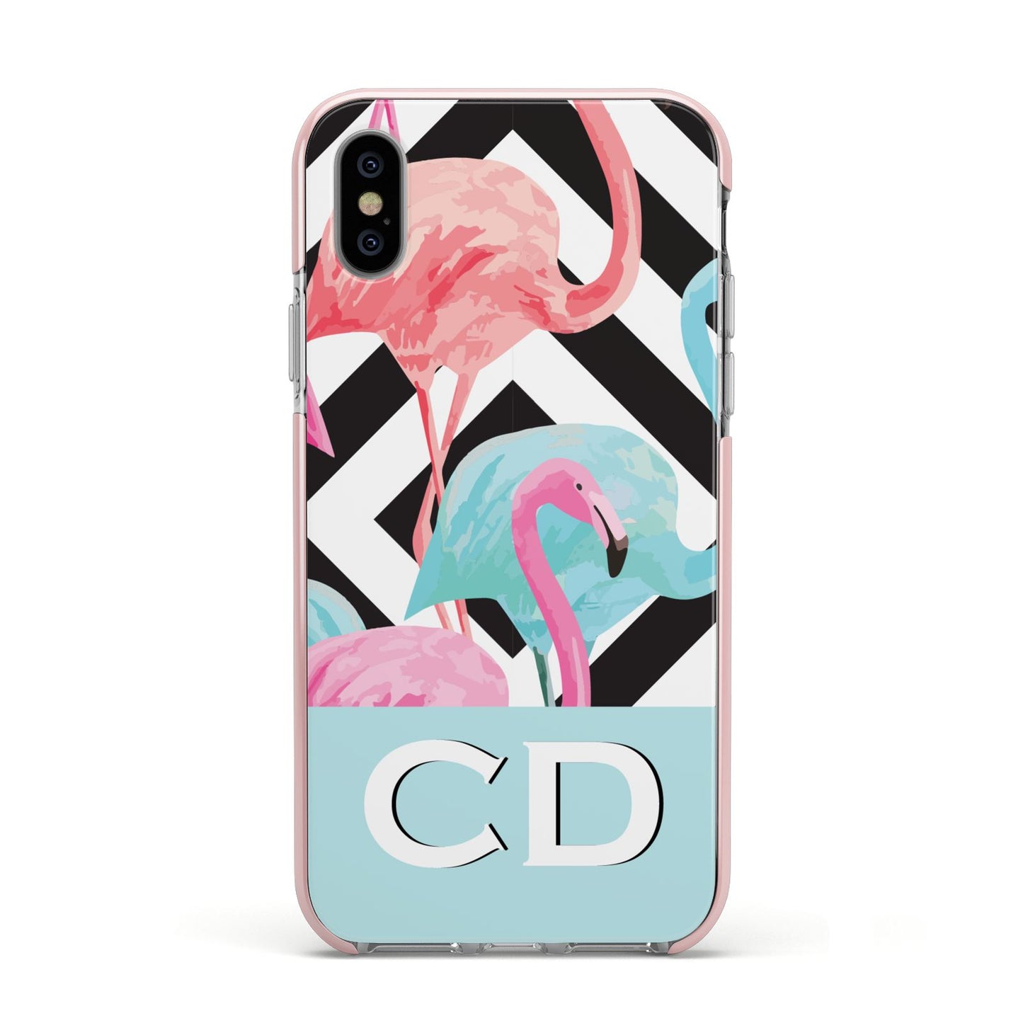 Blue Pink Flamingos Apple iPhone Xs Impact Case Pink Edge on Silver Phone