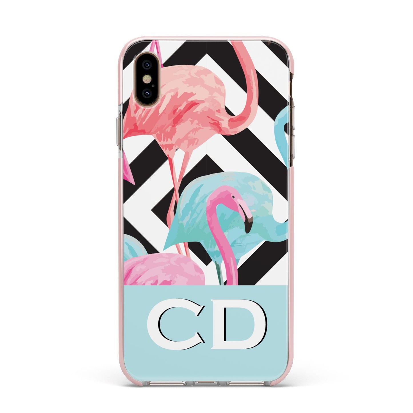 Blue Pink Flamingos Apple iPhone Xs Max Impact Case Pink Edge on Gold Phone