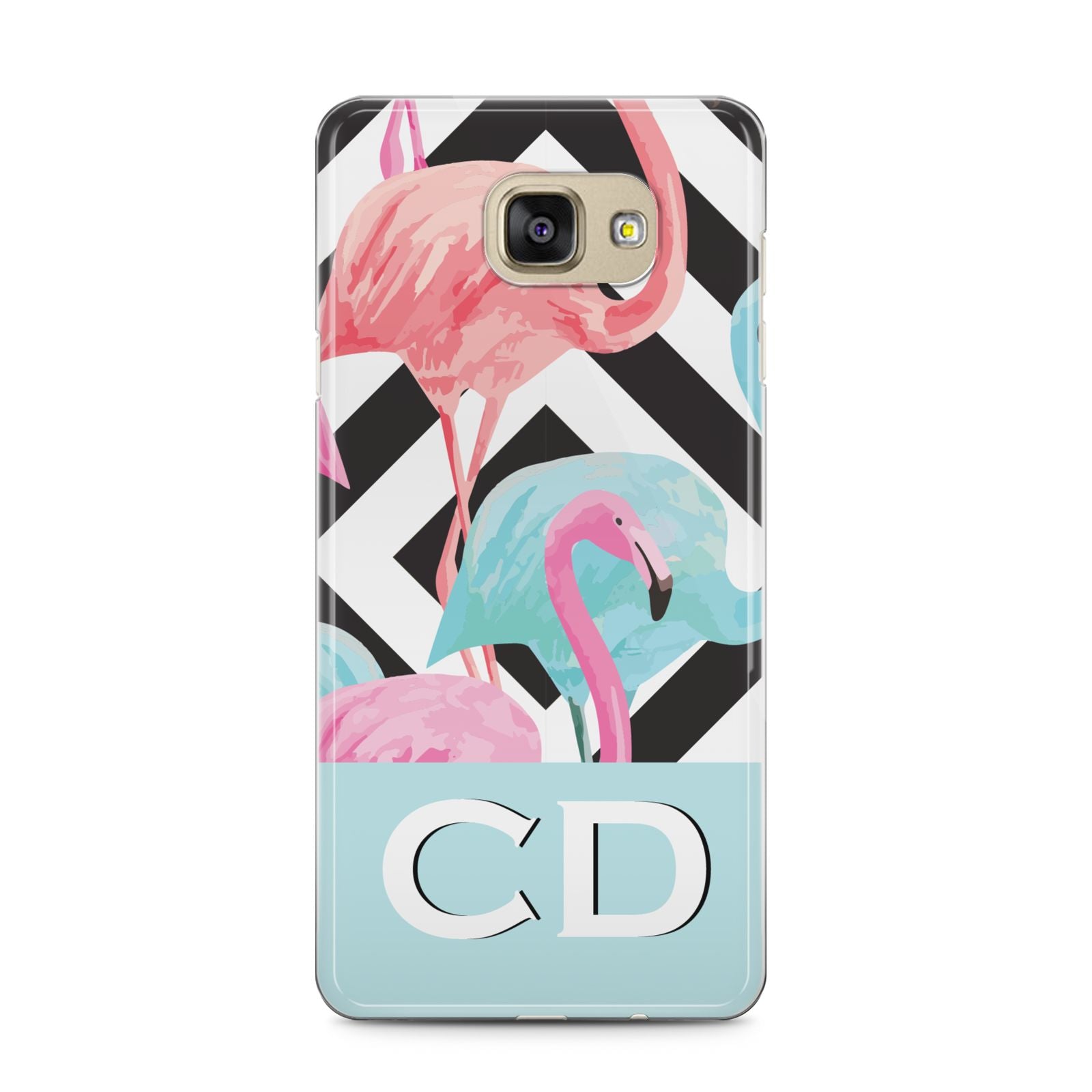 Blue Pink Flamingos Samsung Galaxy A5 2016 Case on gold phone