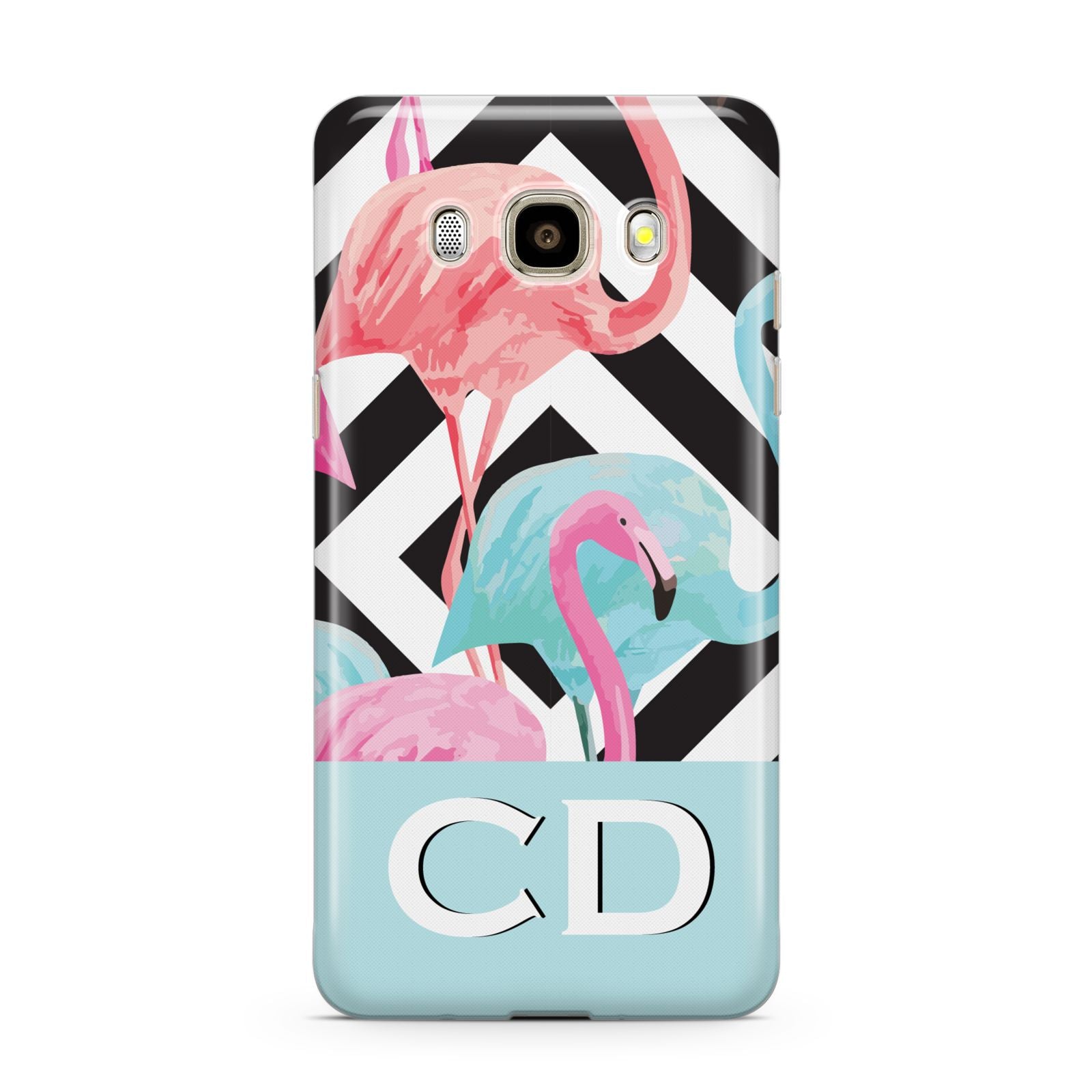 Blue Pink Flamingos Samsung Galaxy J7 2016 Case on gold phone