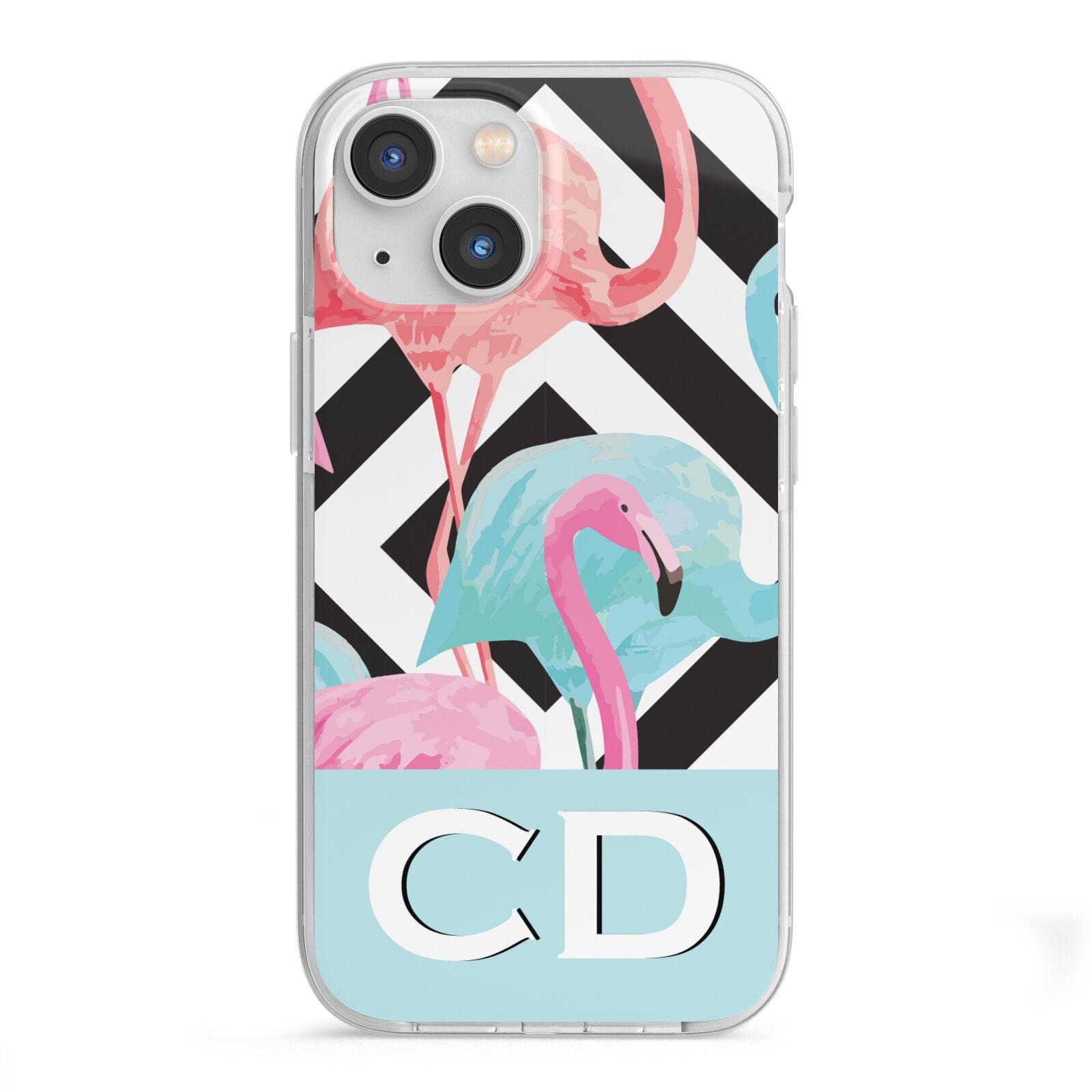 Blue Pink Flamingos iPhone 13 Mini TPU Impact Case with White Edges