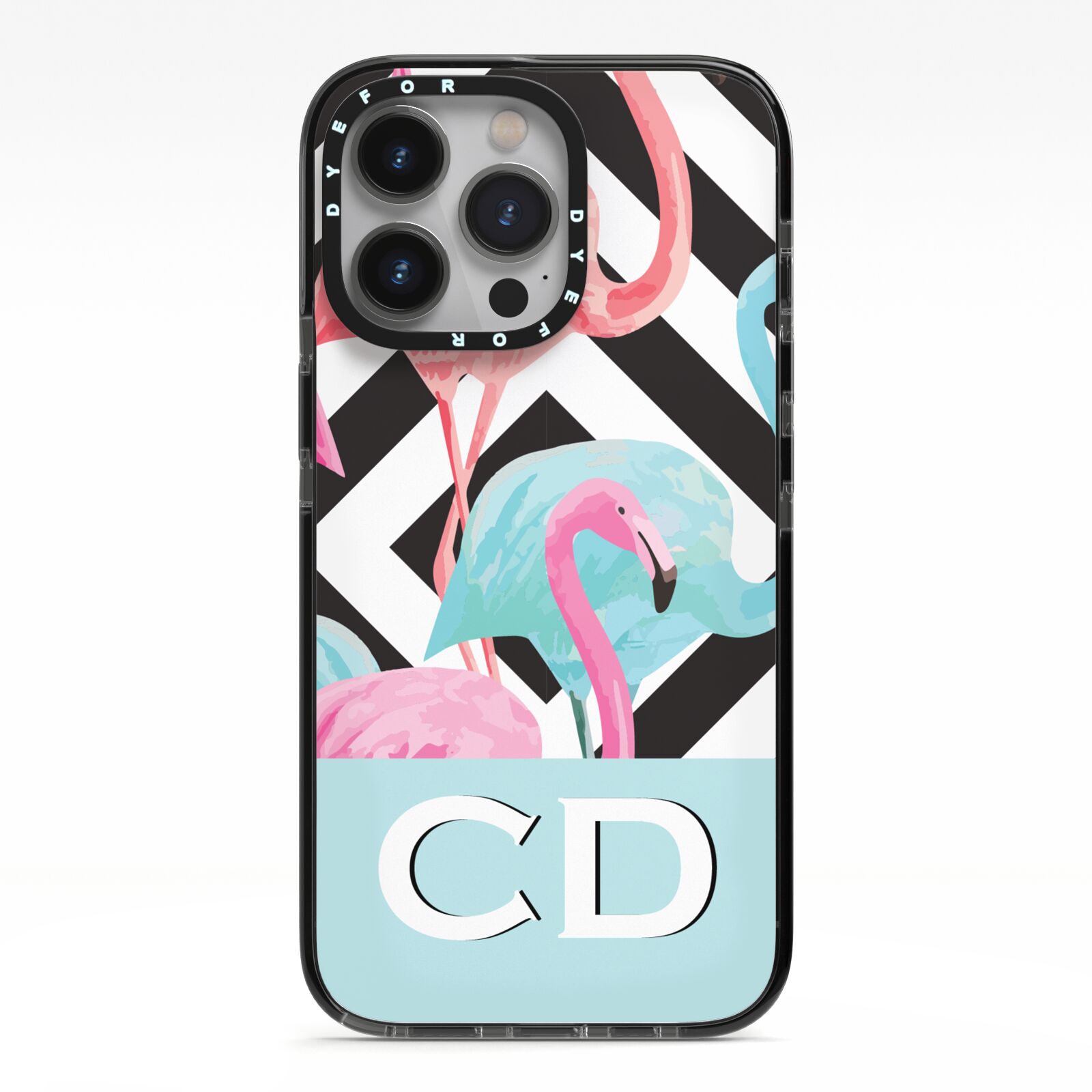 Blue Pink Flamingos iPhone 13 Pro Black Impact Case on Silver phone