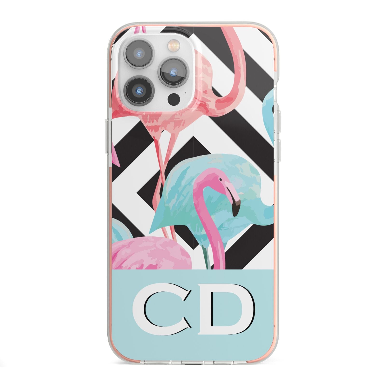 Blue Pink Flamingos iPhone 13 Pro Max TPU Impact Case with Pink Edges