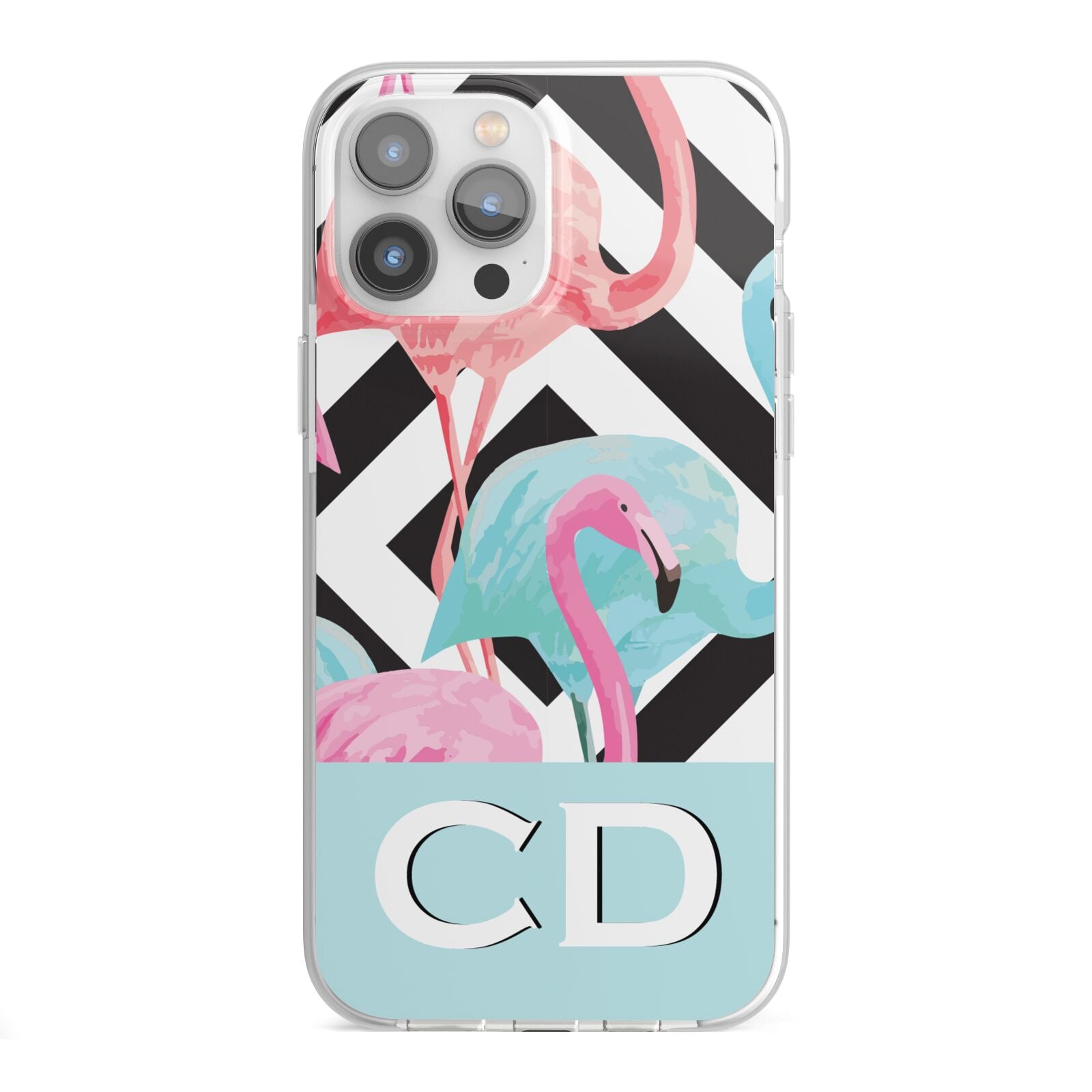 Blue Pink Flamingos iPhone 13 Pro Max TPU Impact Case with White Edges