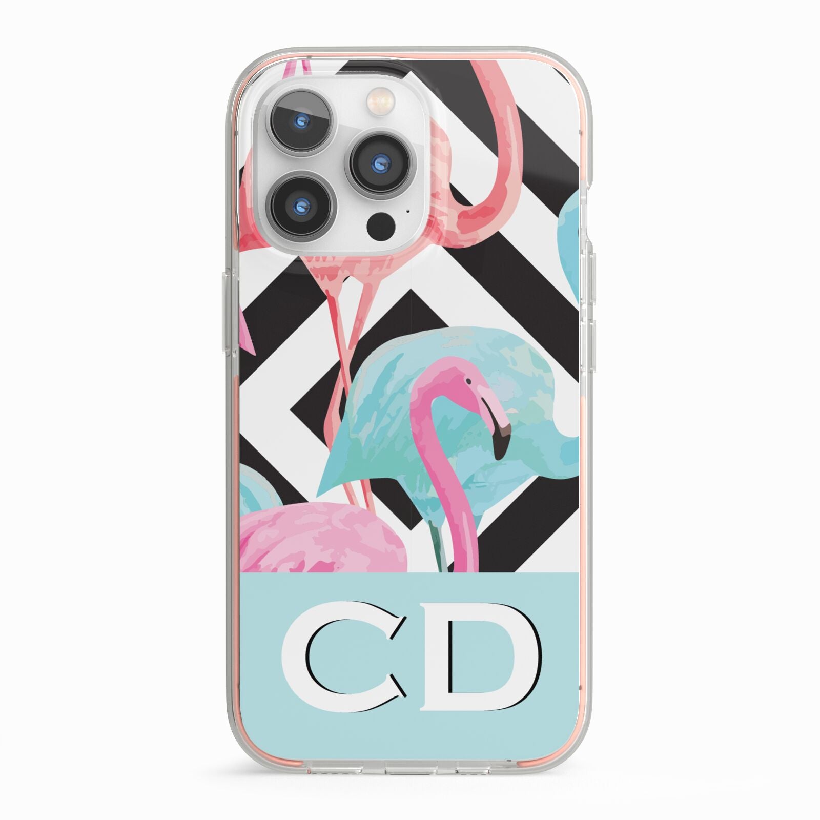 Blue Pink Flamingos iPhone 13 Pro TPU Impact Case with Pink Edges