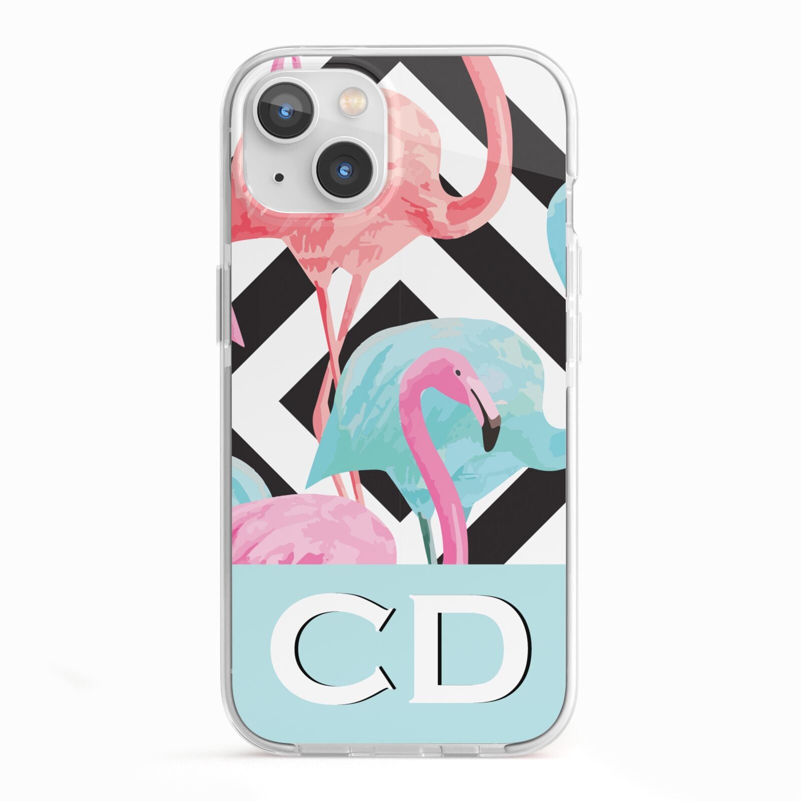Blue Pink Flamingos iPhone 13 TPU Impact Case with White Edges