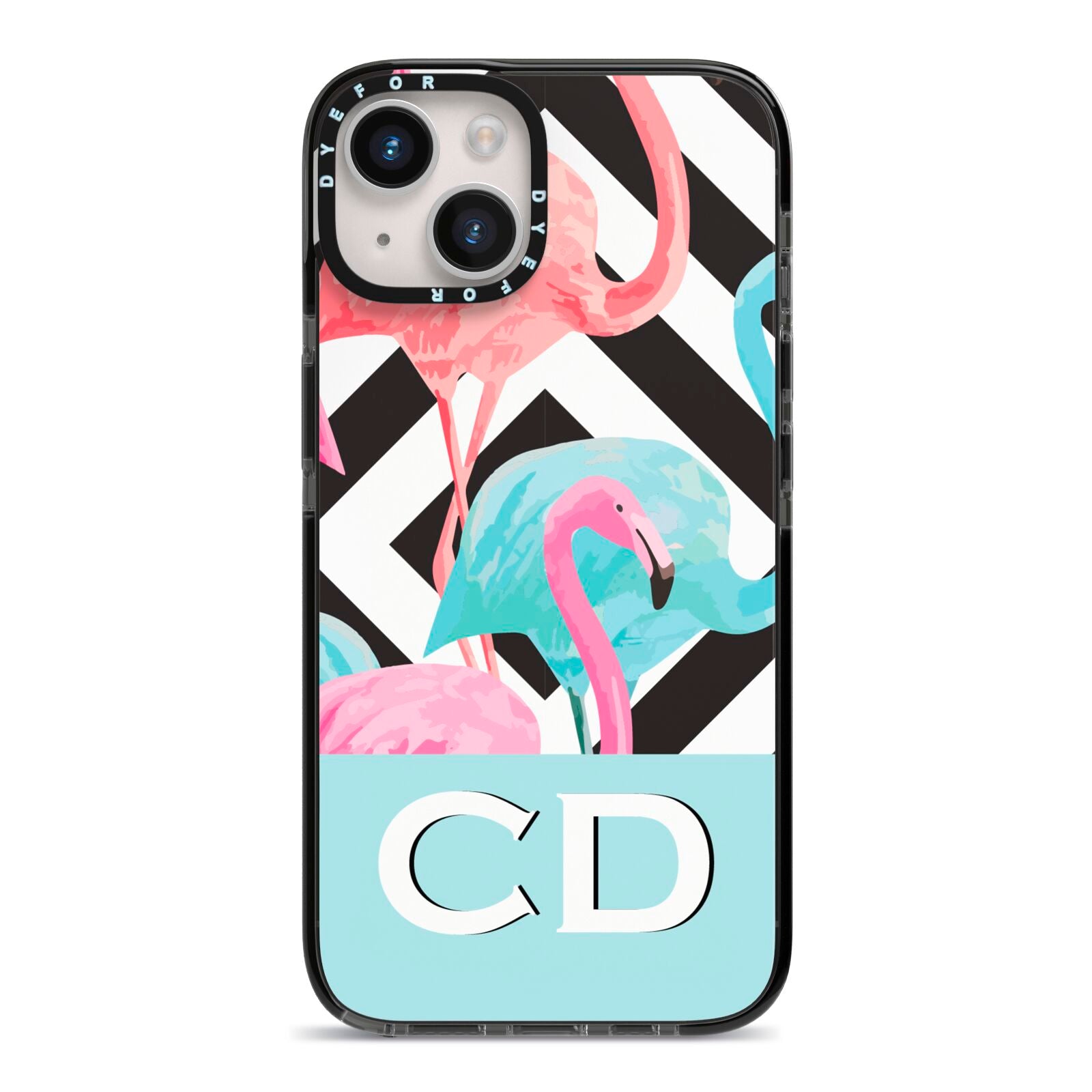 Blue Pink Flamingos iPhone 14 Black Impact Case on Silver phone
