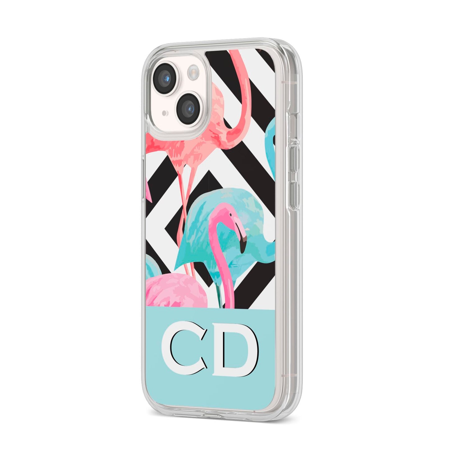 Blue Pink Flamingos iPhone 14 Clear Tough Case Starlight Angled Image