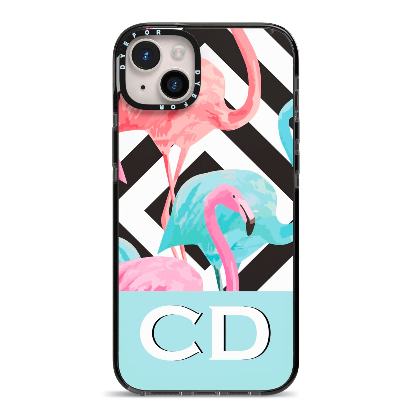Blue Pink Flamingos iPhone 14 Plus Black Impact Case on Silver phone