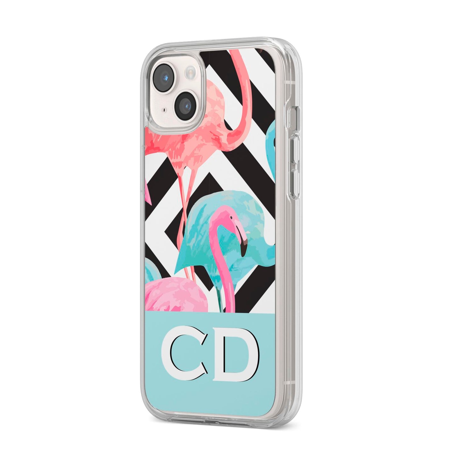 Blue Pink Flamingos iPhone 14 Plus Clear Tough Case Starlight Angled Image
