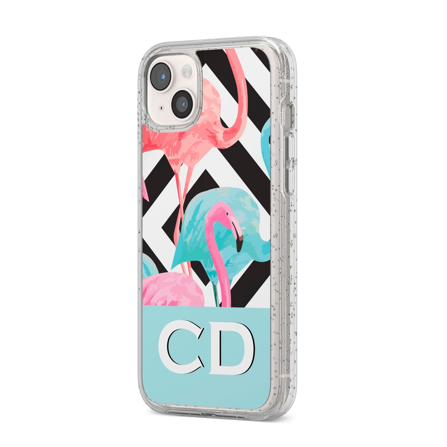 Blue Pink Flamingos iPhone 14 Plus Glitter Tough Case Starlight Angled Image