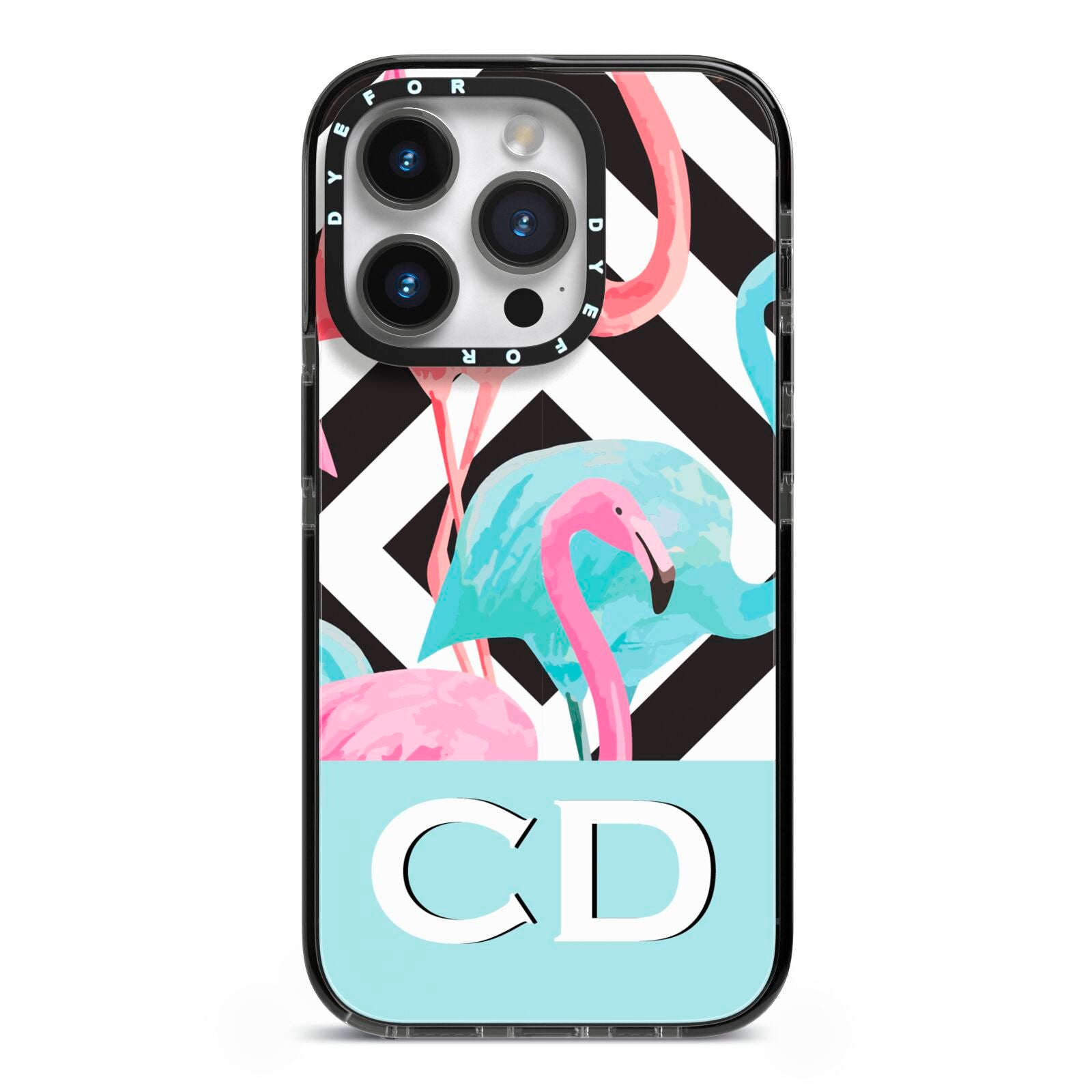 Blue Pink Flamingos iPhone 14 Pro Black Impact Case on Silver phone