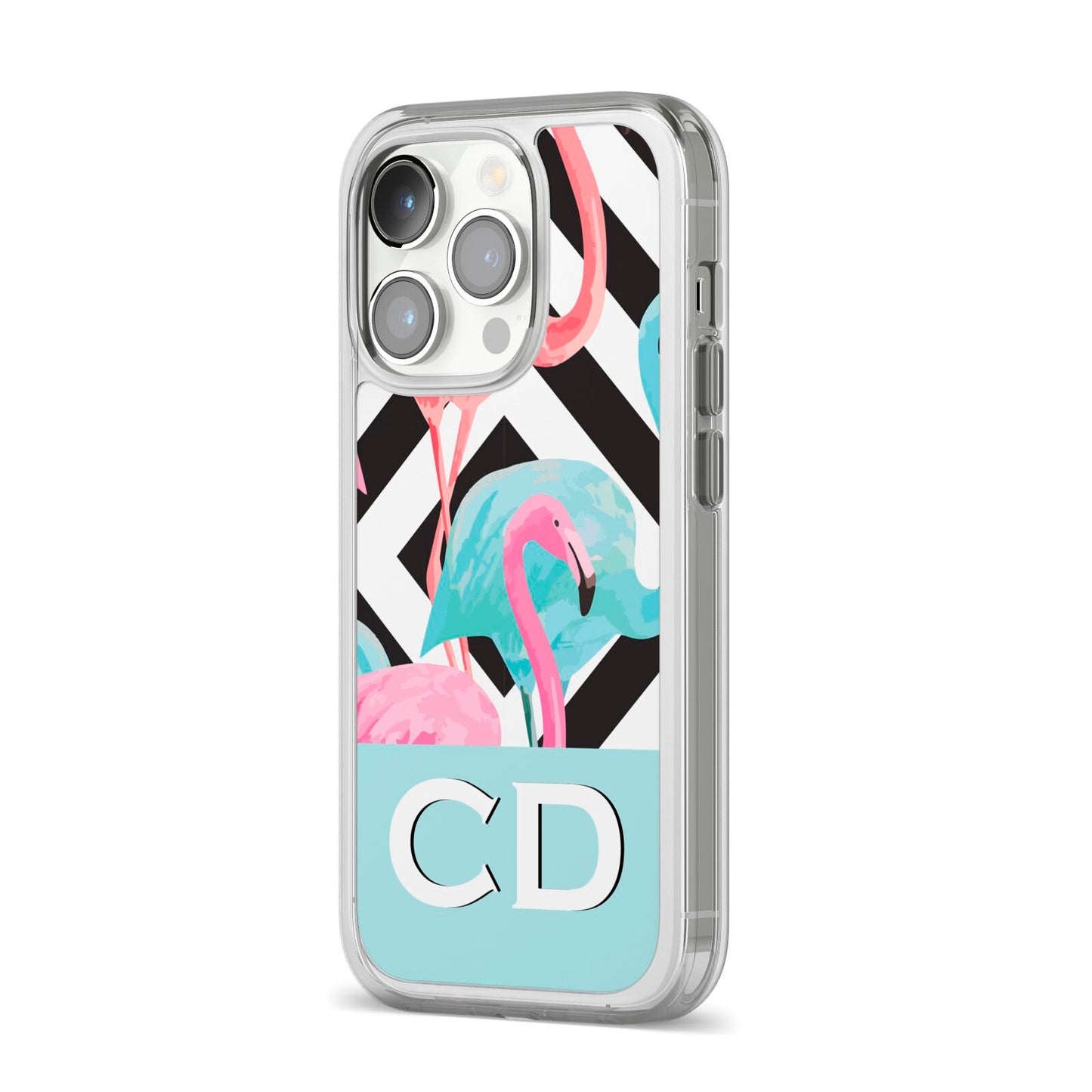 Blue Pink Flamingos iPhone 14 Pro Clear Tough Case Silver Angled Image