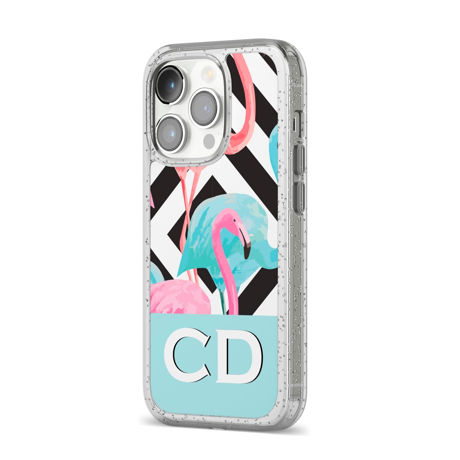 Blue Pink Flamingos iPhone 14 Pro Glitter Tough Case Silver Angled Image