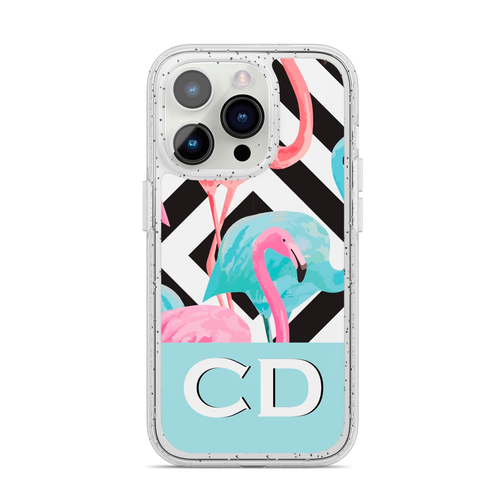 Blue Pink Flamingos iPhone 14 Pro Glitter Tough Case Silver