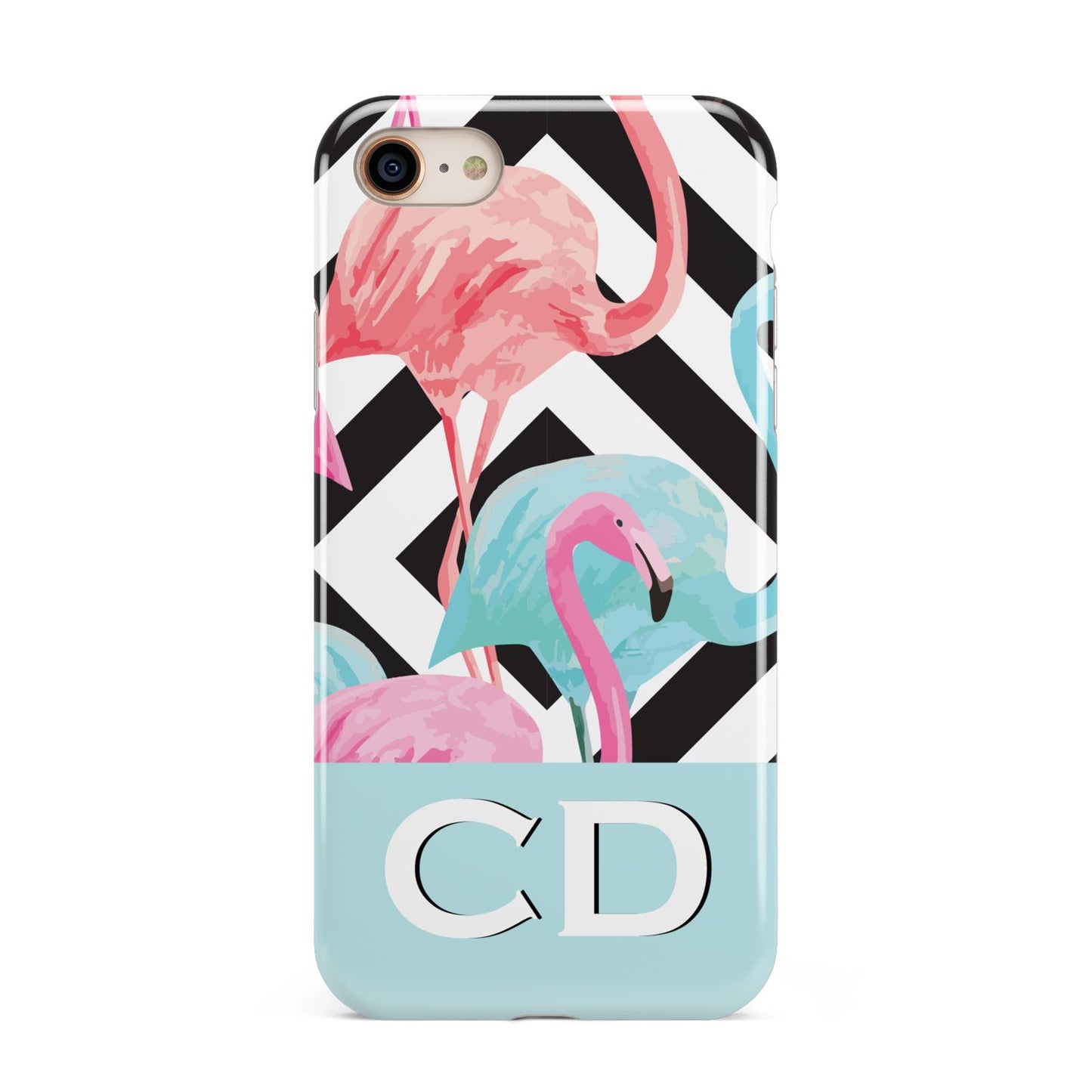 Blue Pink Flamingos iPhone 8 3D Tough Case on Gold Phone