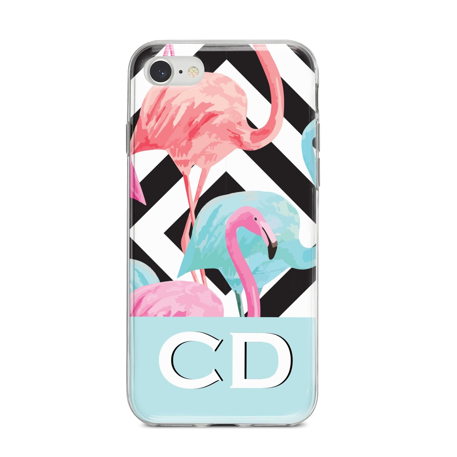 Blue Pink Flamingos iPhone 8 Bumper Case on Silver iPhone